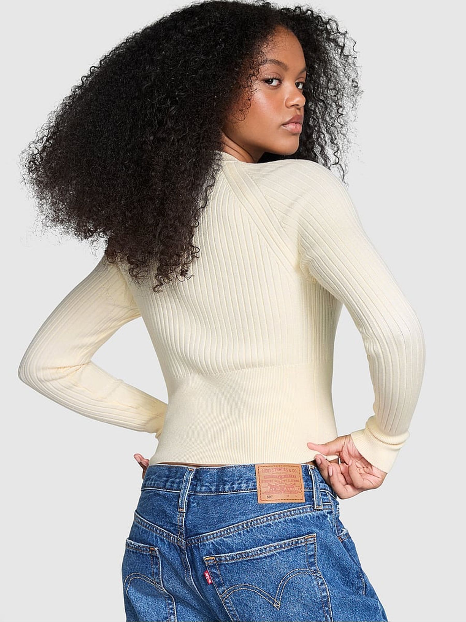 White Shell Ribbed Knit Long Sleeve Top - Image 2 of 3