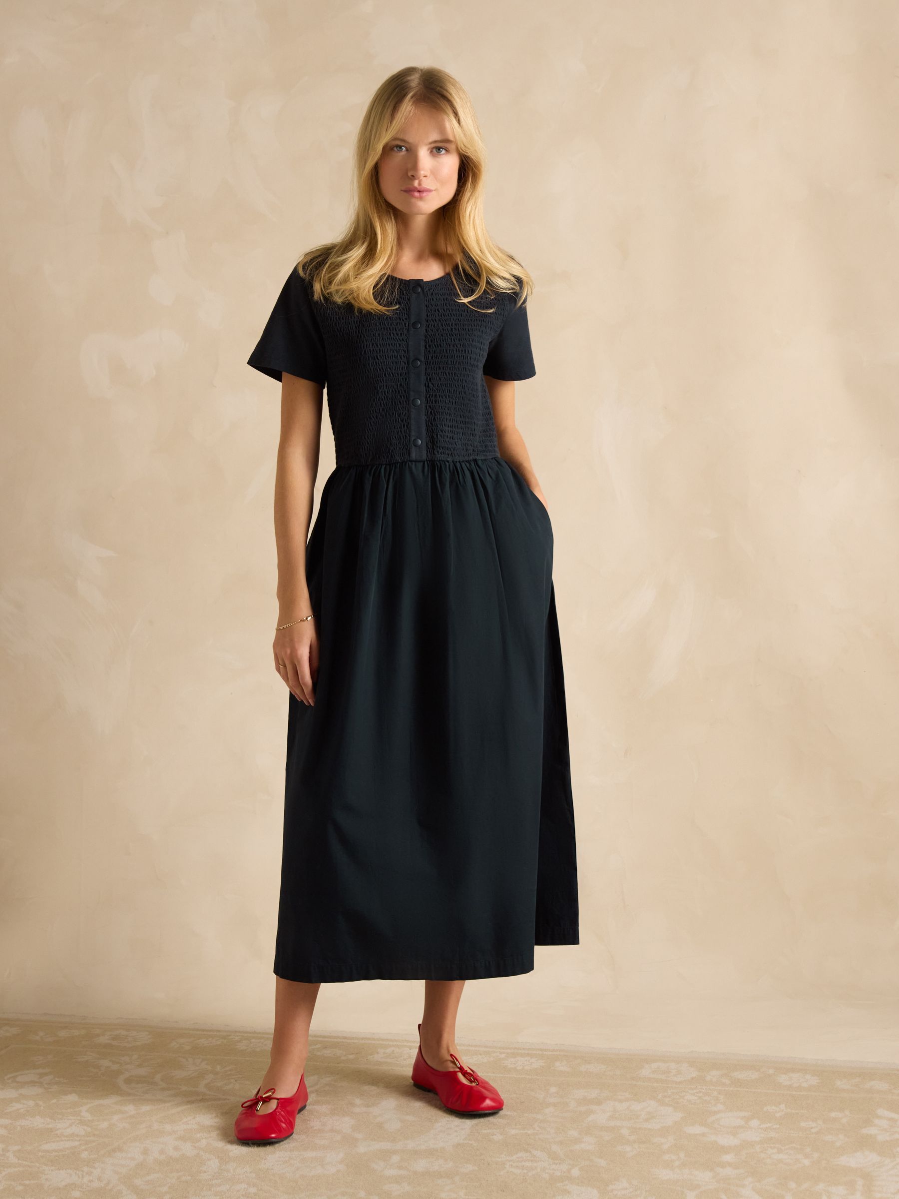 Mila Navy Cotton Midi Dress - Image 1 of 7