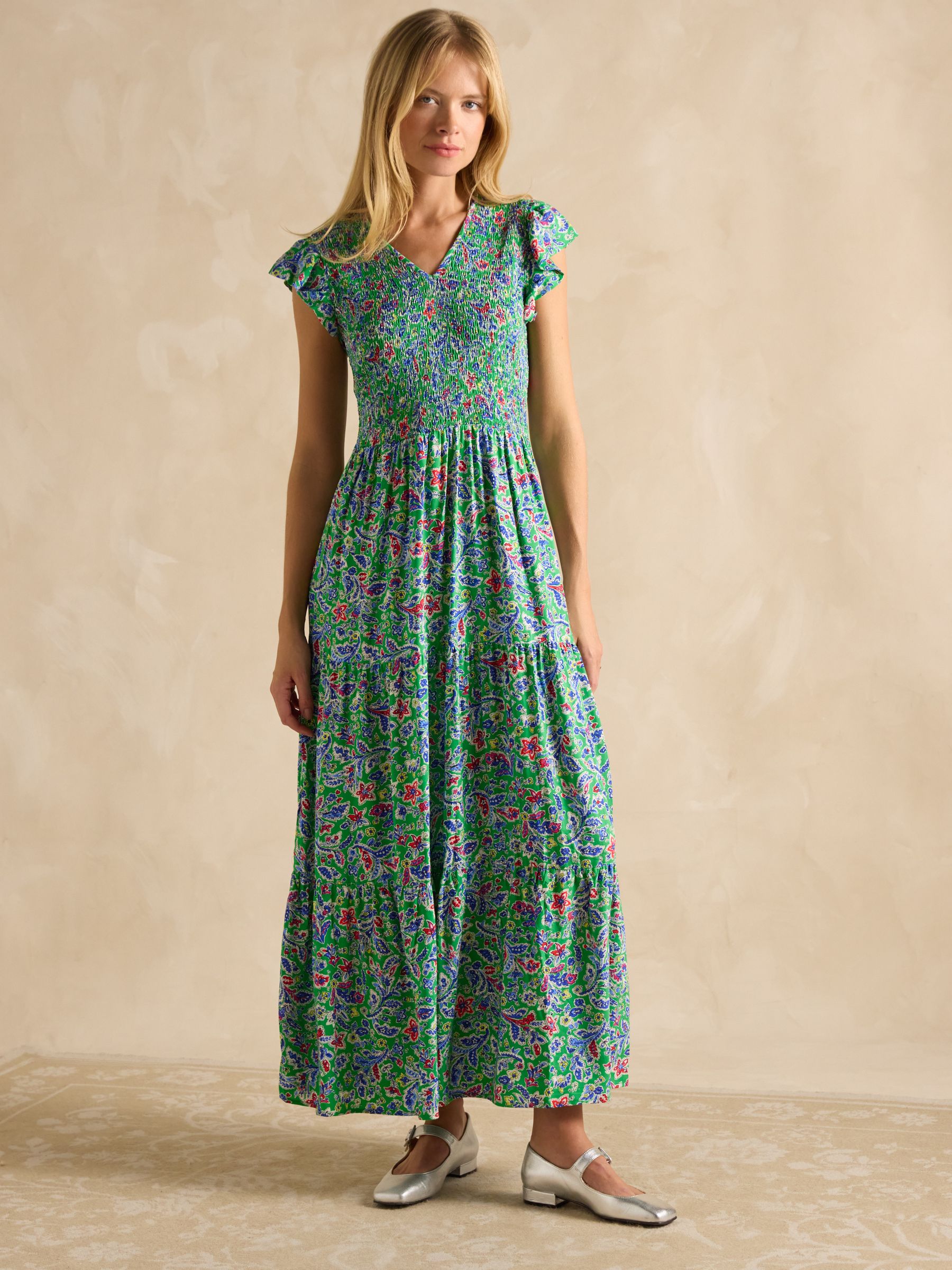 Esme Green Shirred Midi Dress - Image 1 of 6