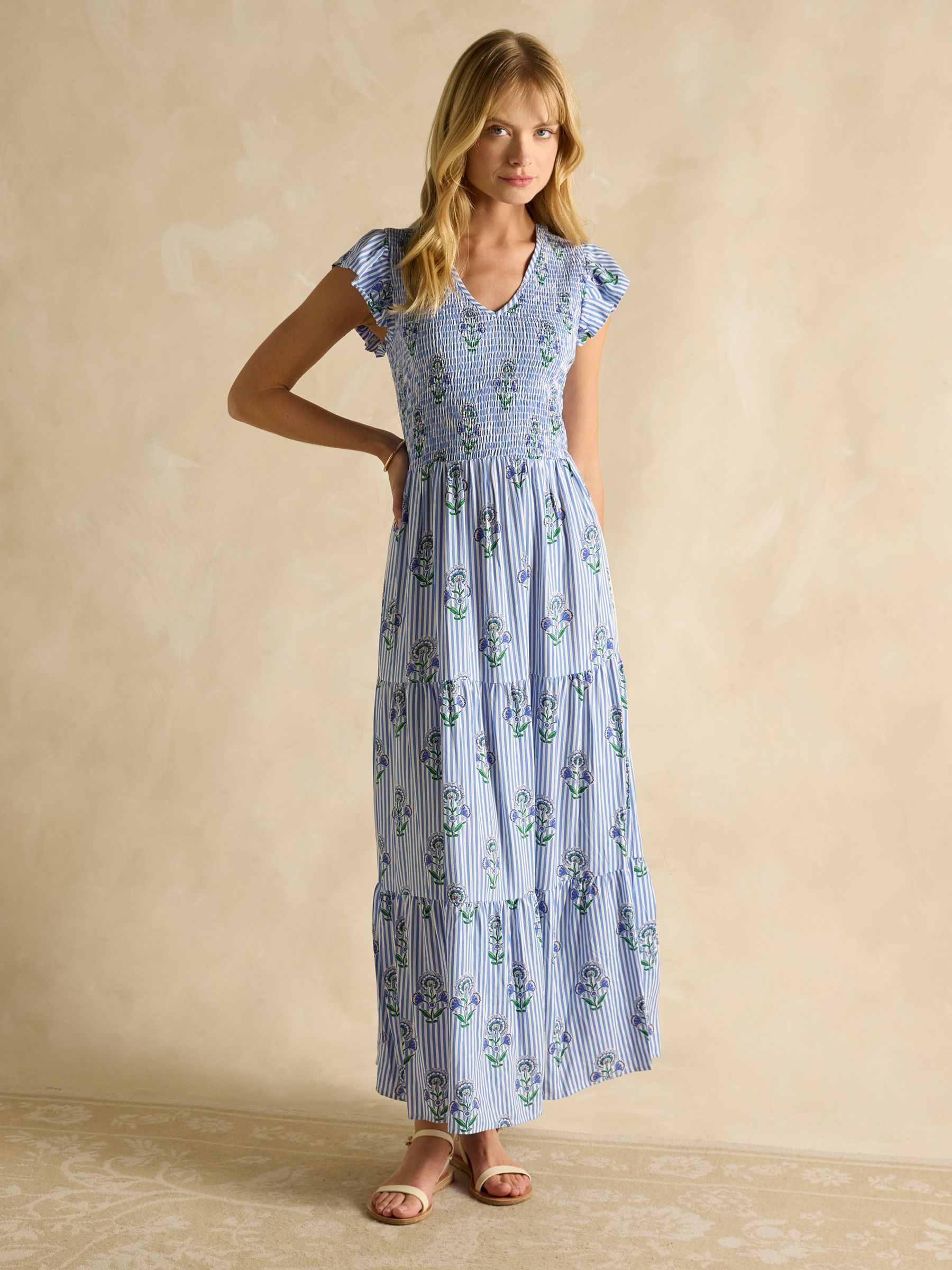 Esme Blue Shirred Midi Dress - Image 1 of 6