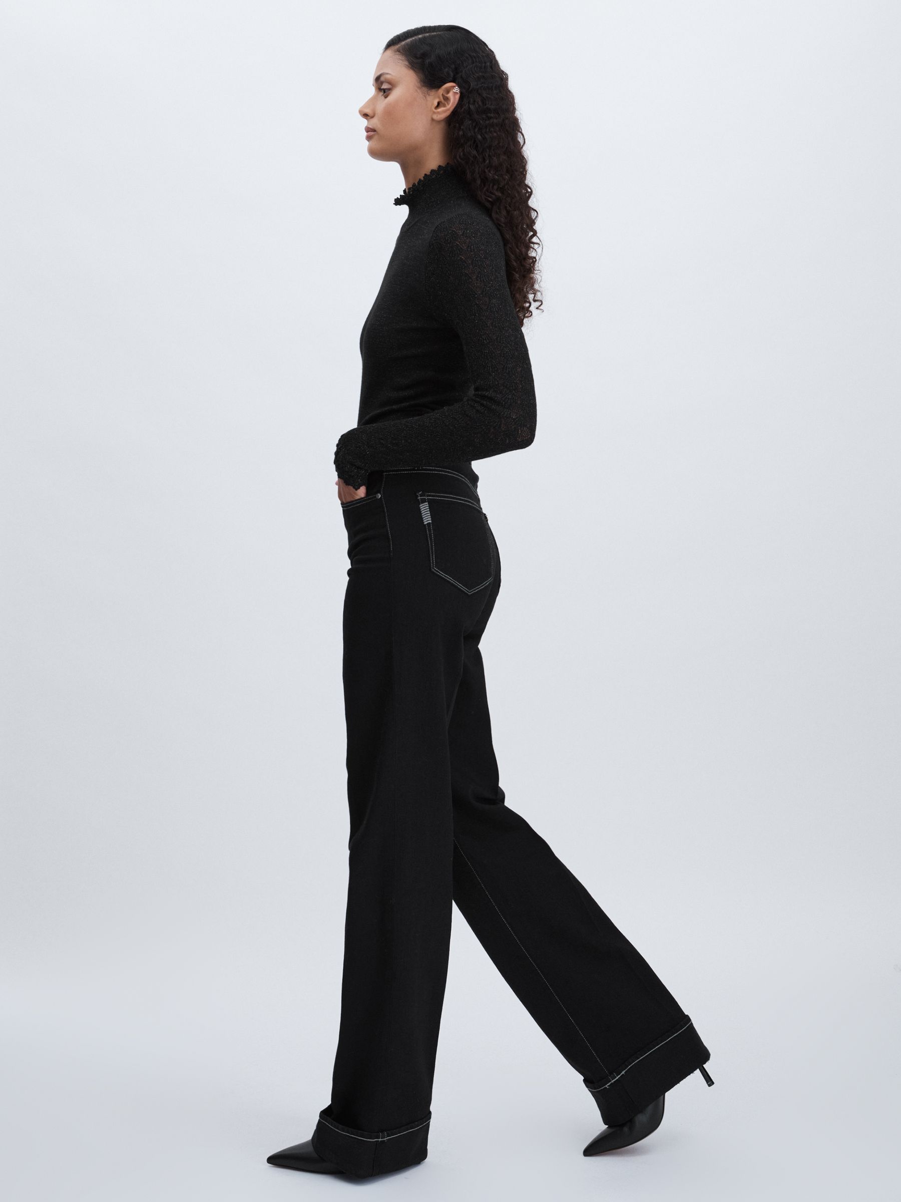 Paige Wide-Leg Cuffed Jeans in Black - Image 4 of 6
