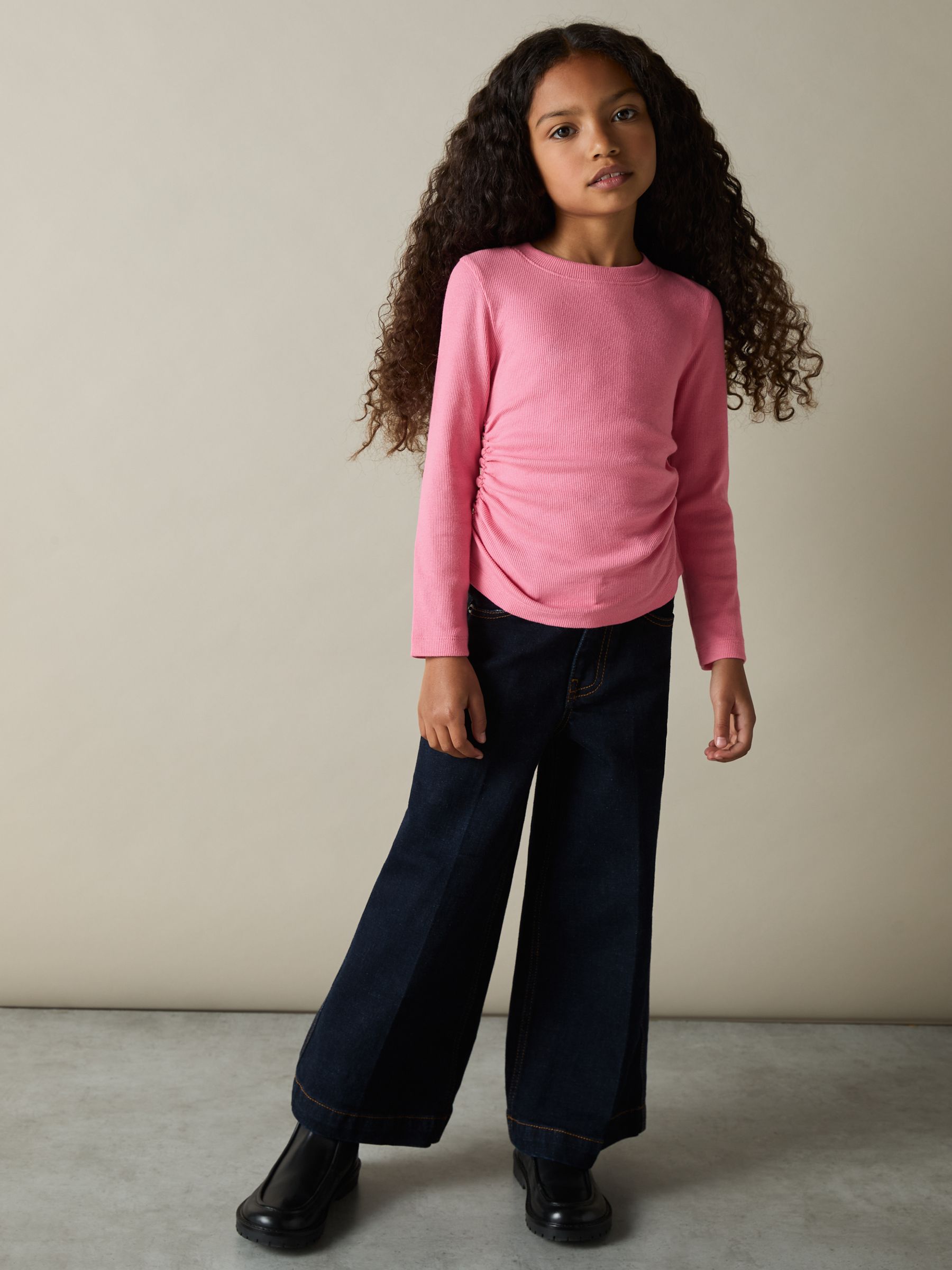 Cotton-Jersey Ruched Long-Sleeve T-Shirt in Pink - Image 1 of 4