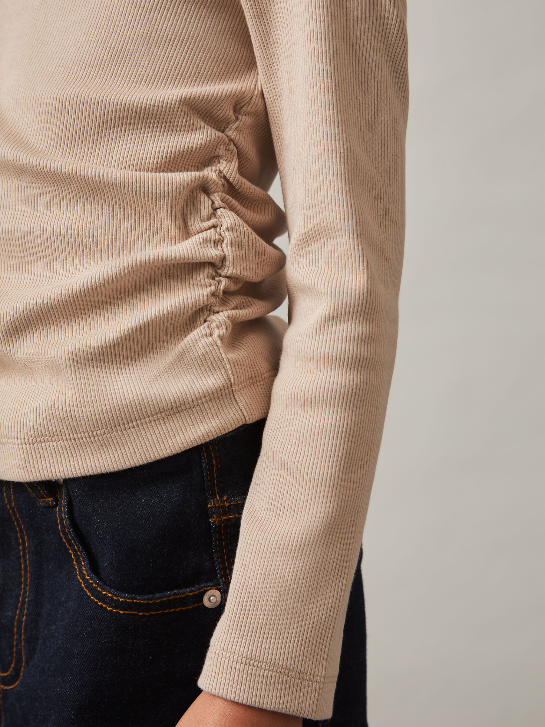 Cotton-Jersey Ruched Long-Sleeve T-Shirt in Tan - Image 3 of 4