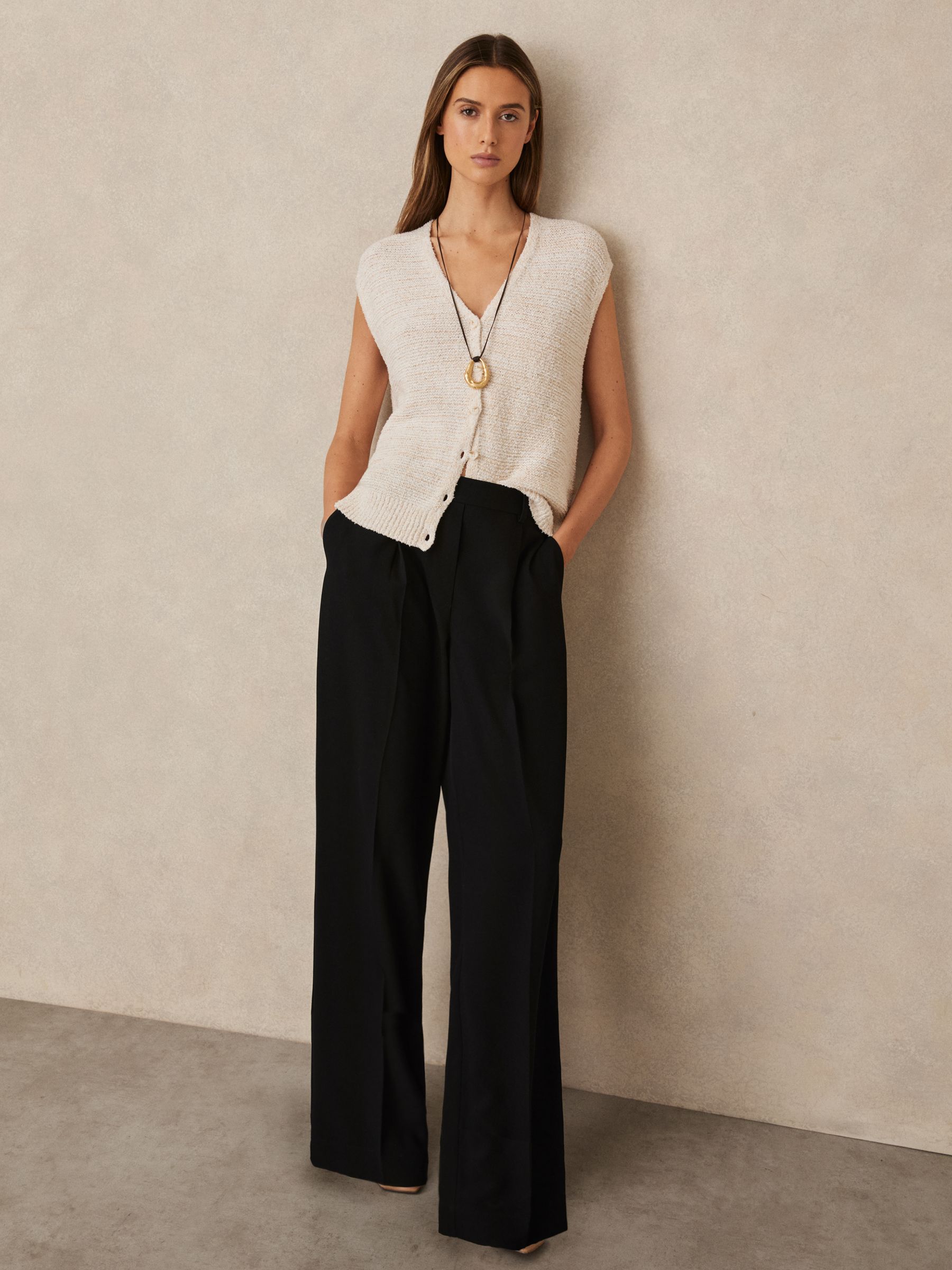 Petite Elasticated-Waist Wide-Leg Twill Trousers in Black - Image 1 of 7