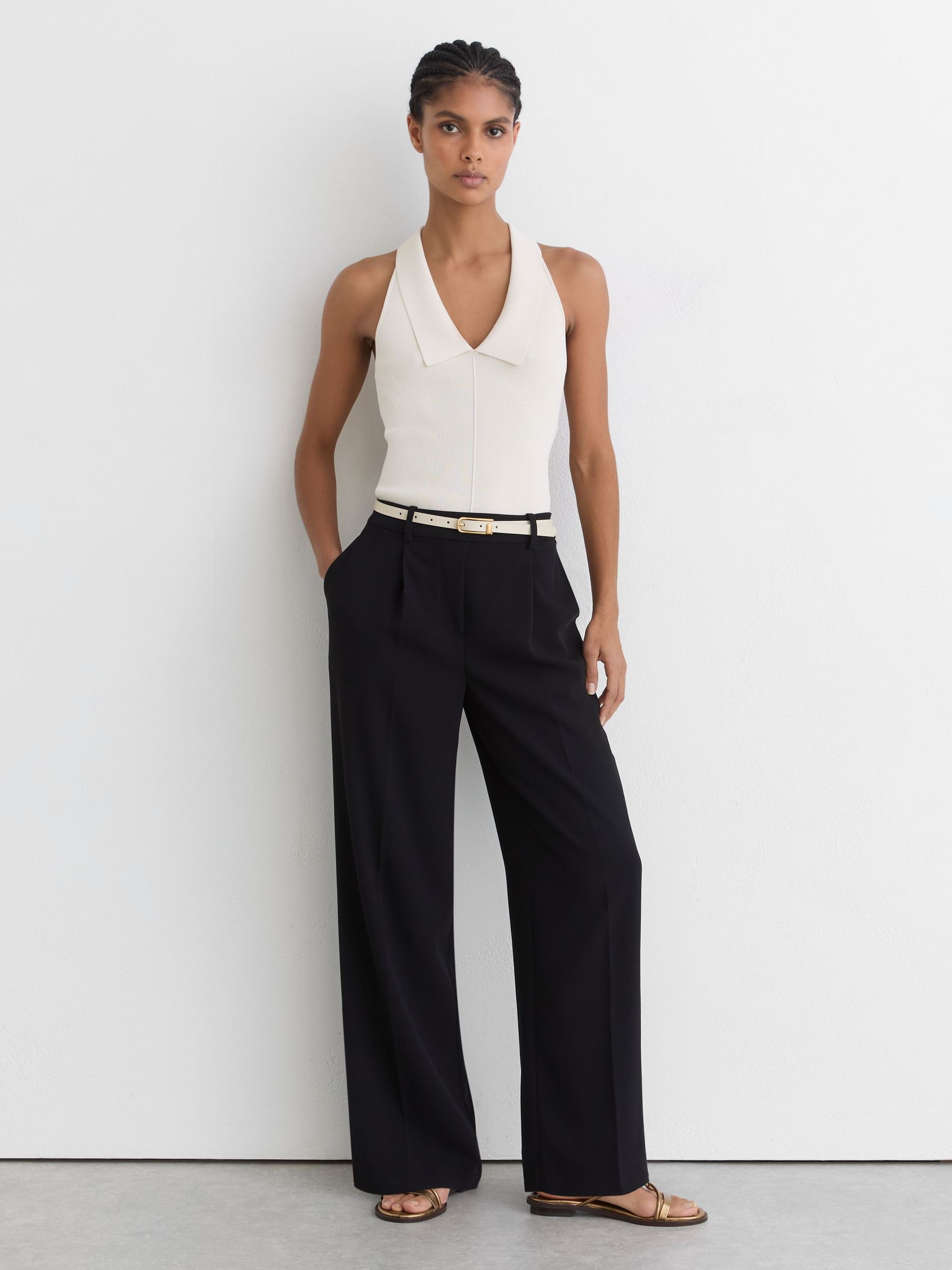 Petite Elasticated-Waist Wide-Leg Twill Trousers in Black - image 4