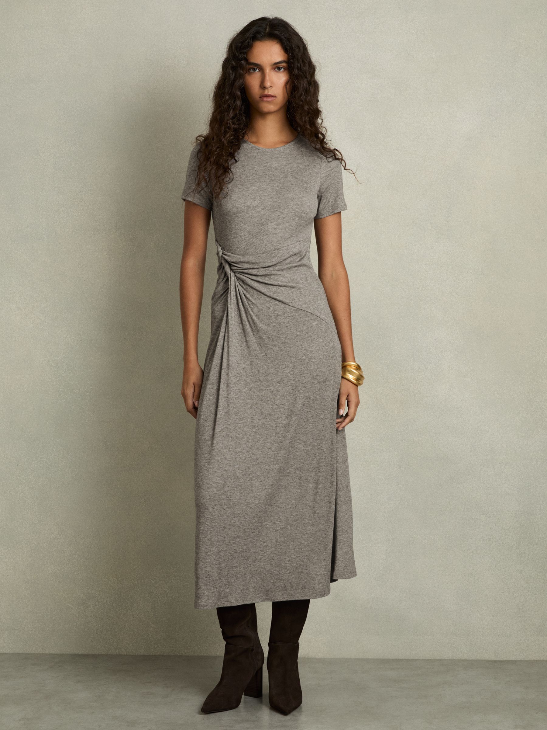 Jersey Twist-Detail Midi Dress in Grey - Image 1 of 6