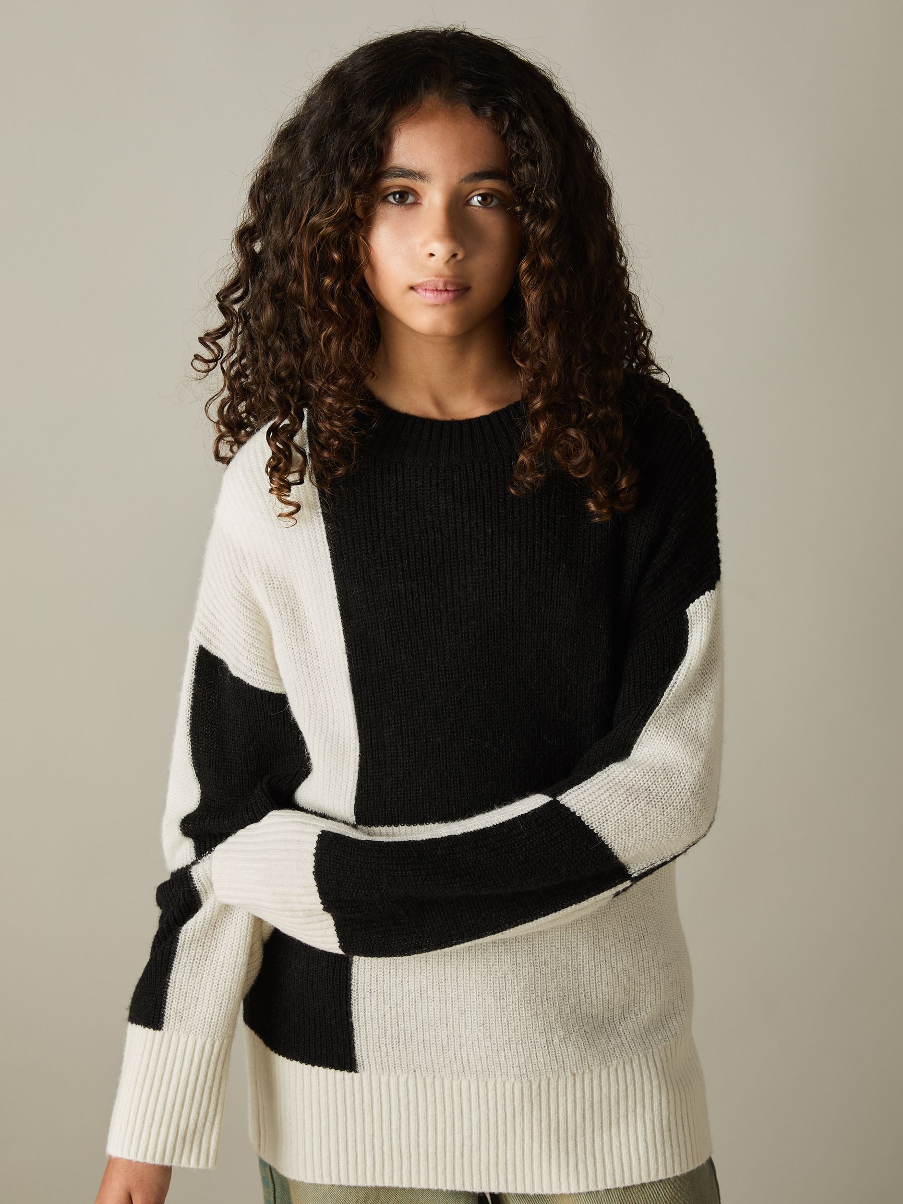 13-14 yrs Colourblock-Intarsia Jumper with Wool and Alpaca in Black - Image 2 of 4