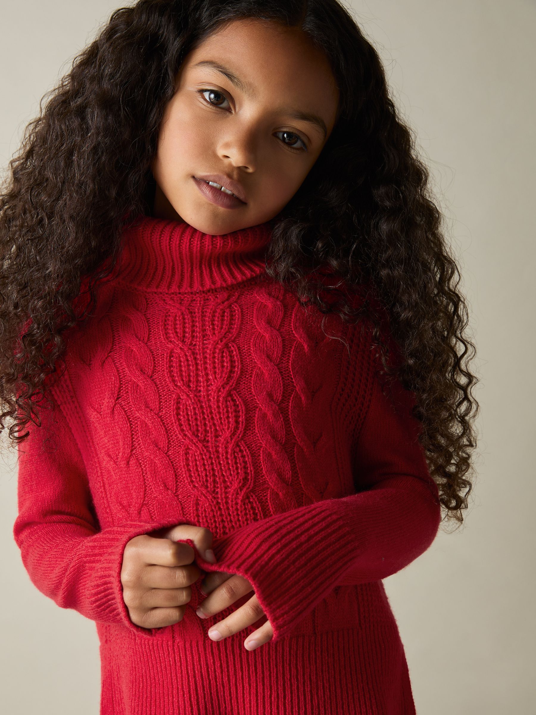 9-13 yrs Wool-Blend Cable-Knit Roll-Neck Jumper in Red - Image 3 of 4