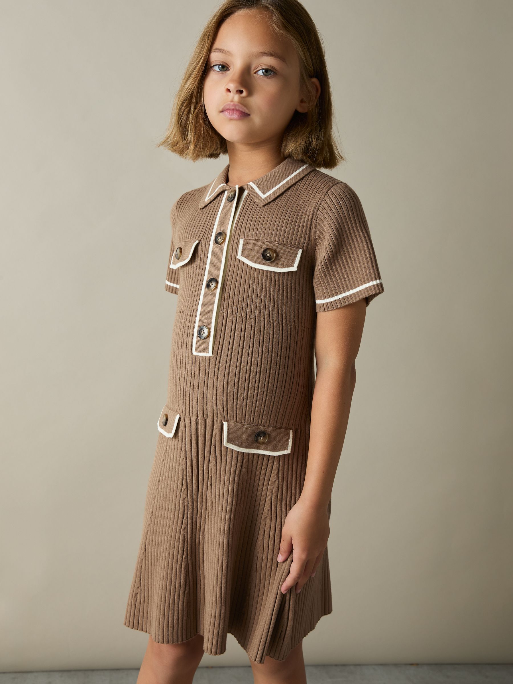 9-13 yrs Rib-Knit Button-Down Dress in Brown - Image 1 of 4