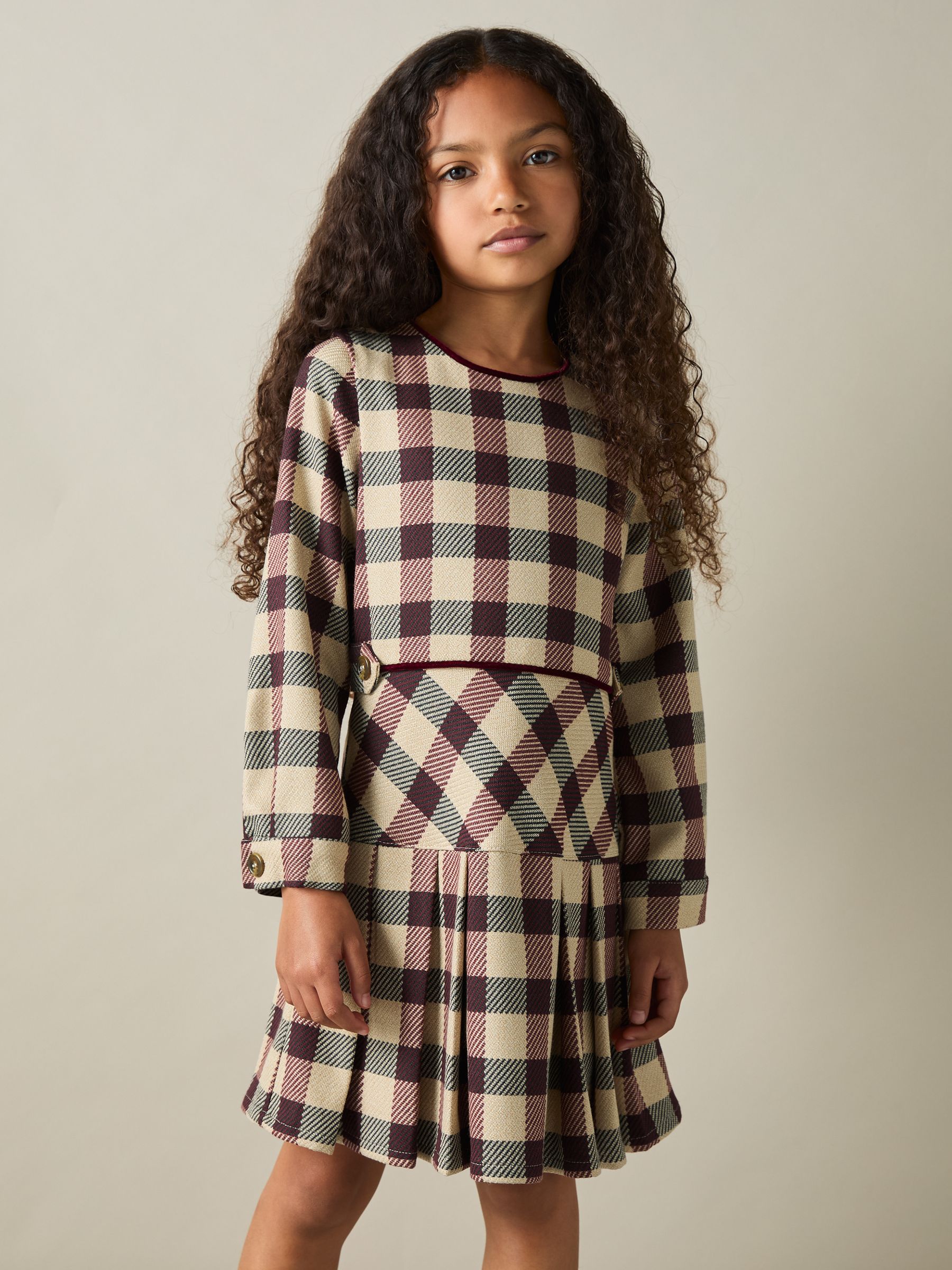 9-13 yrs Check Piped Pleated Dress in Burgundy - Image 1 of 4