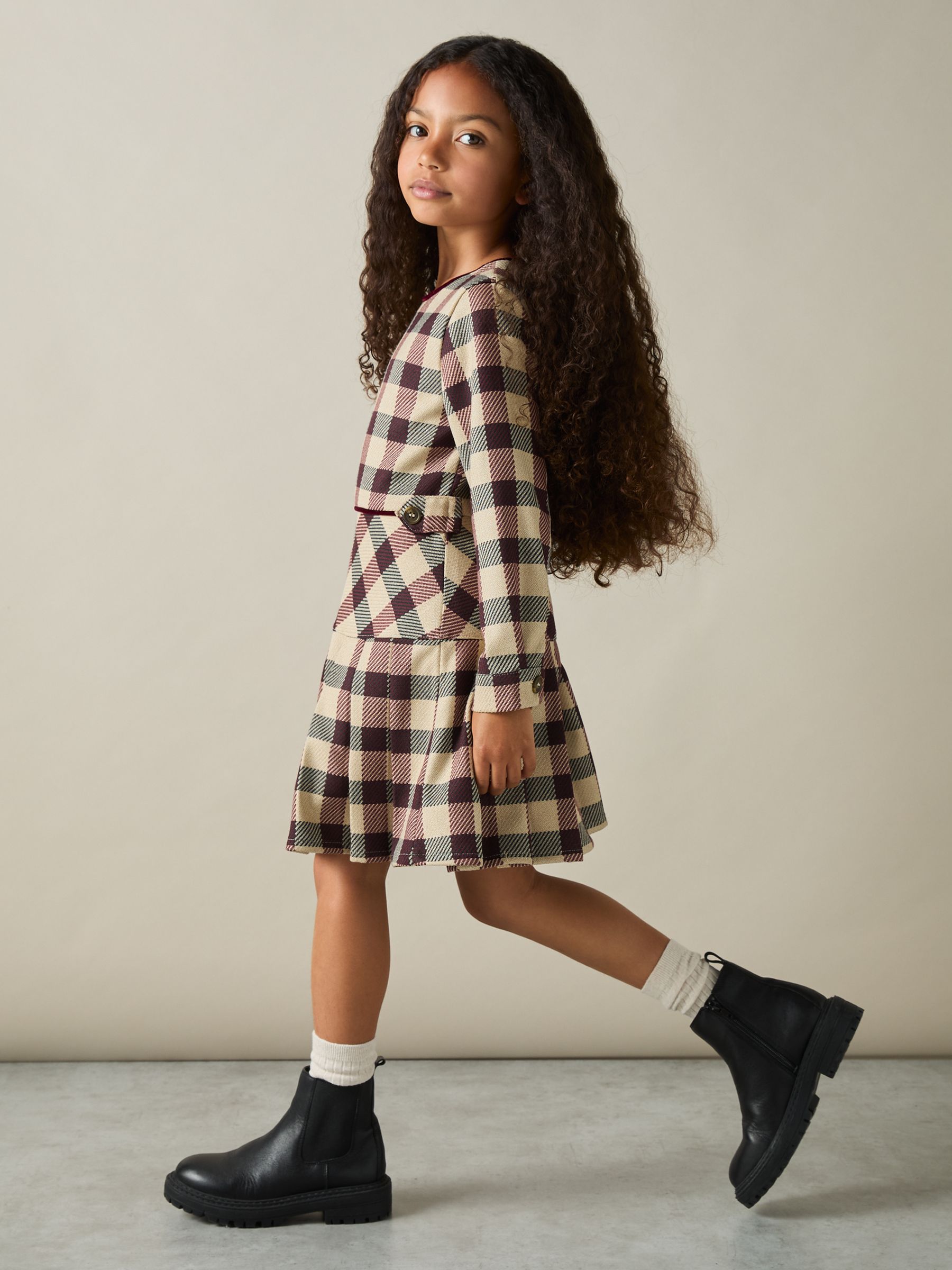 9-13 yrs Check Piped Pleated Dress in Burgundy - Image 3 of 4