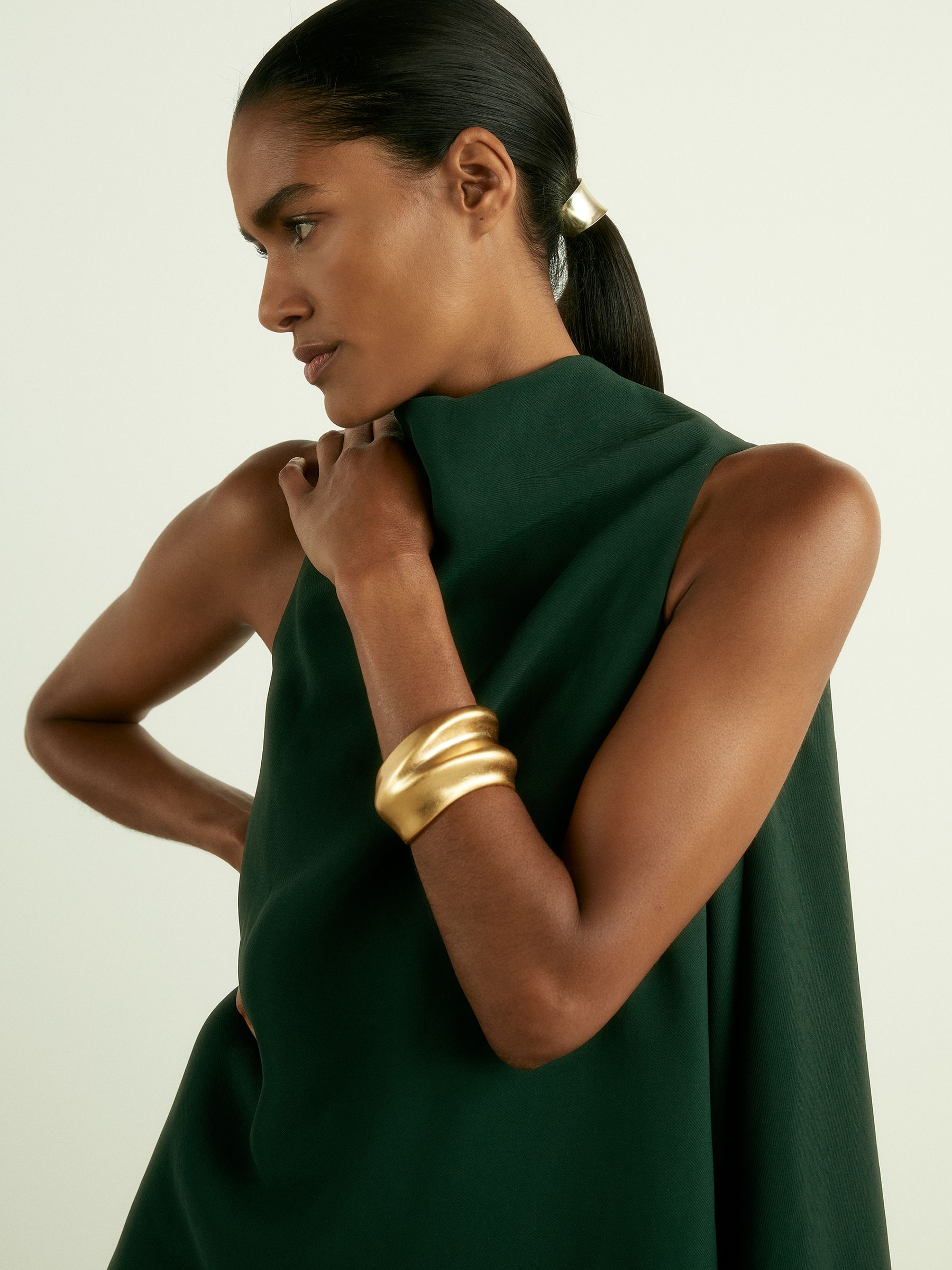 High-Neck Drape Back Mini Dress in Green - Image 3 of 6