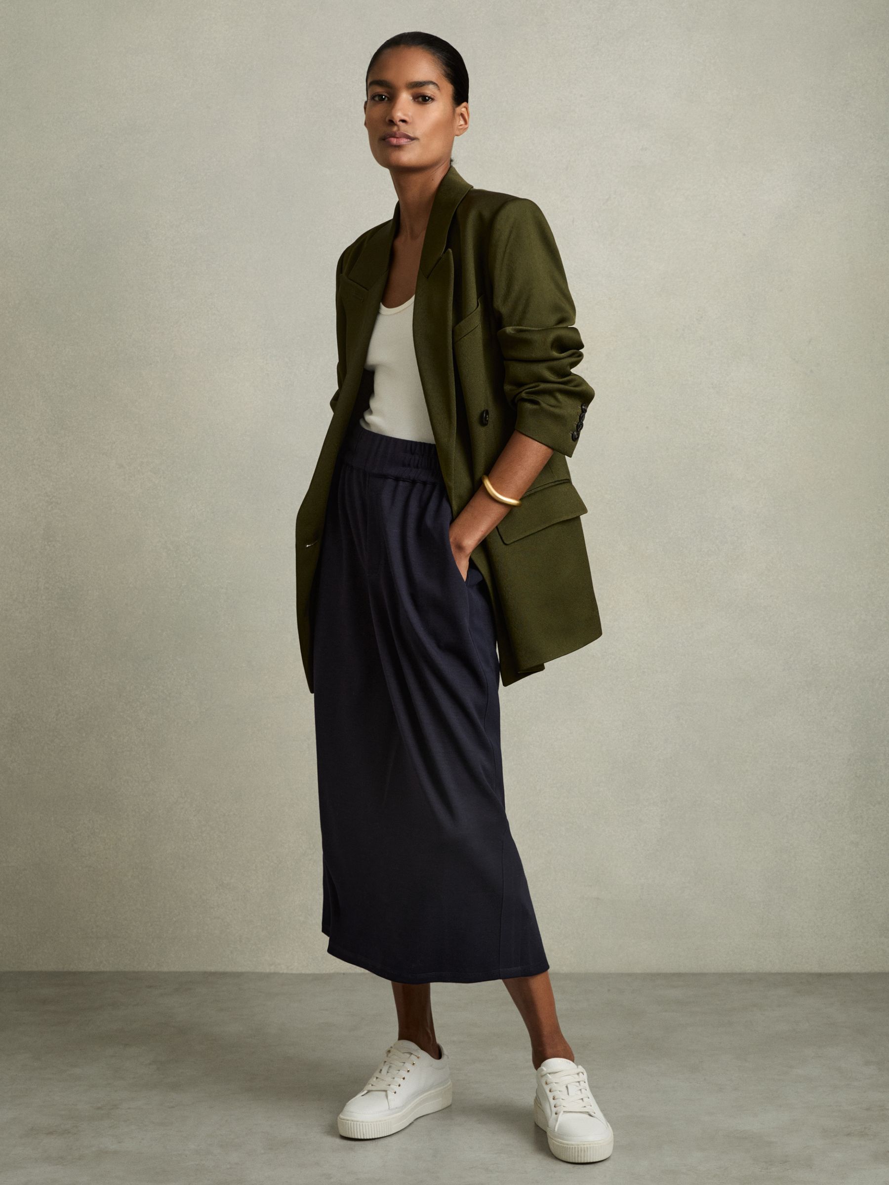 Wool-Blend Ruched Jersey Midi Skirt in Navy - Image 1 of 6