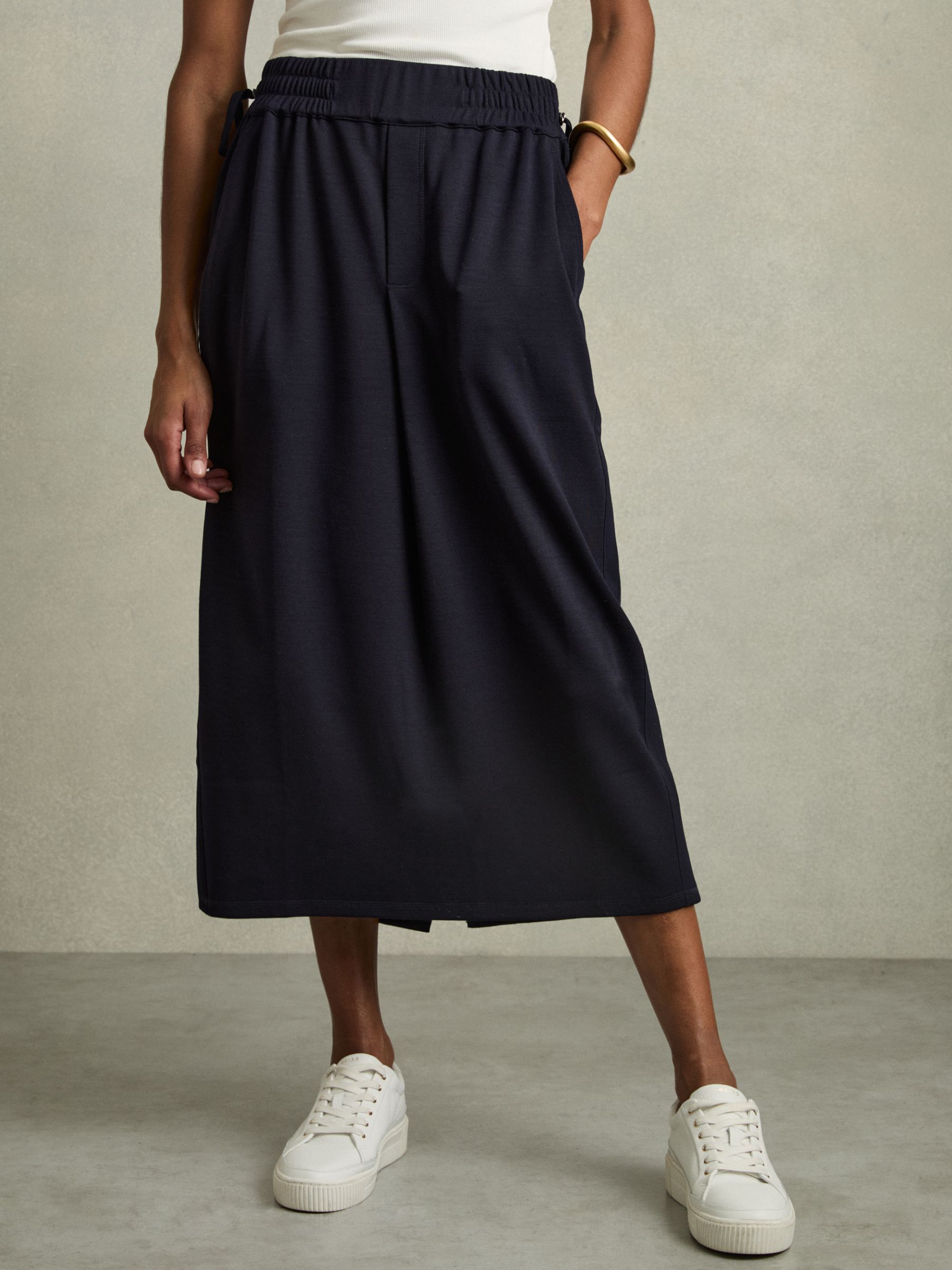 Wool-Blend Ruched Jersey Midi Skirt in Navy - Image 3 of 6