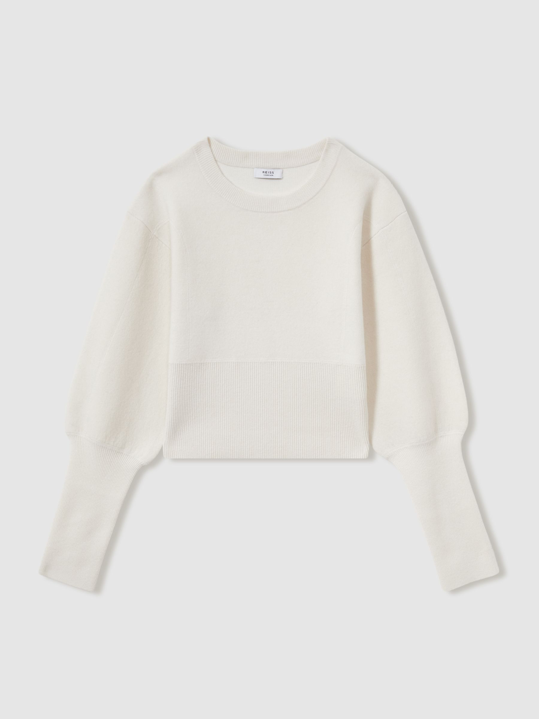 Wool-Blend Balloon-Sleeve Cropped Jumper in Cream - Image 2 of 7