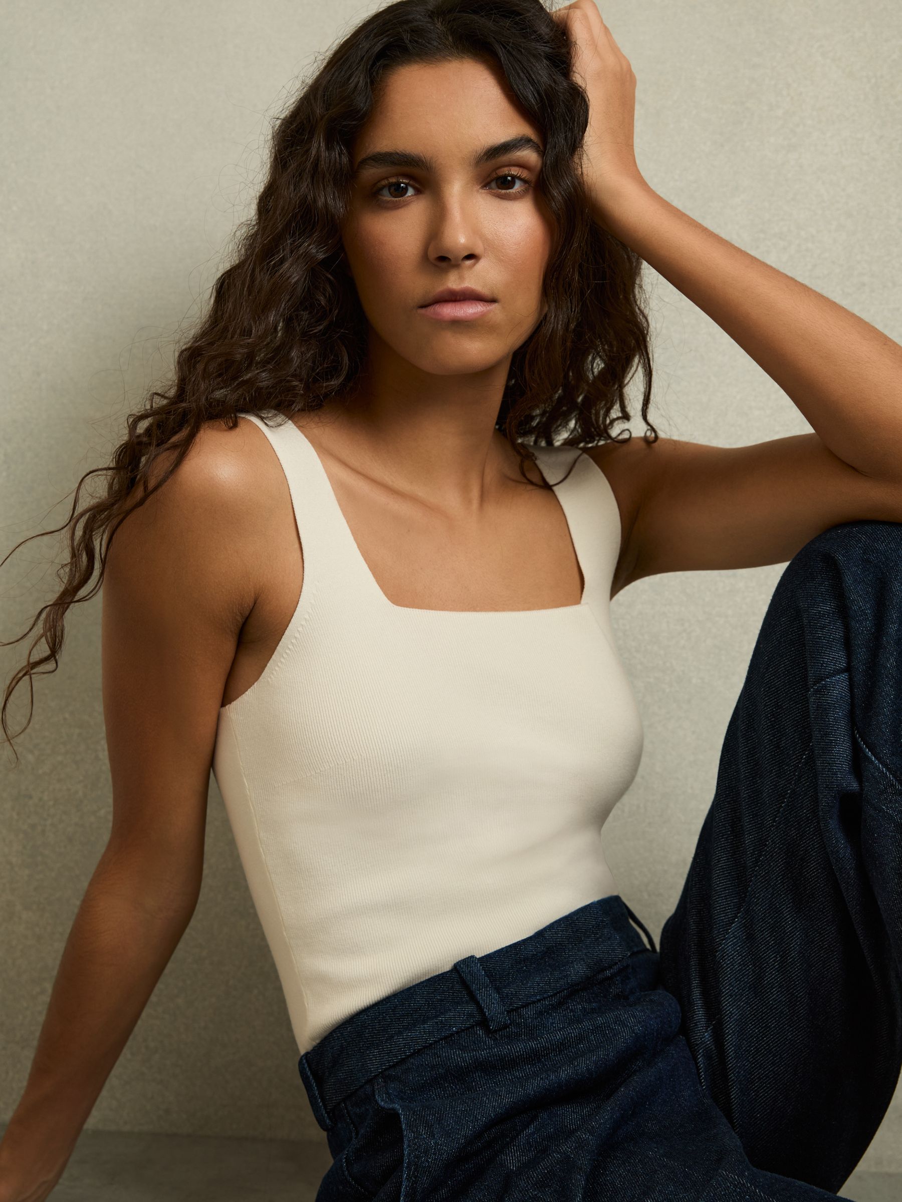 Knitted Square Neck Vest in Ivory - Image 1 of 7