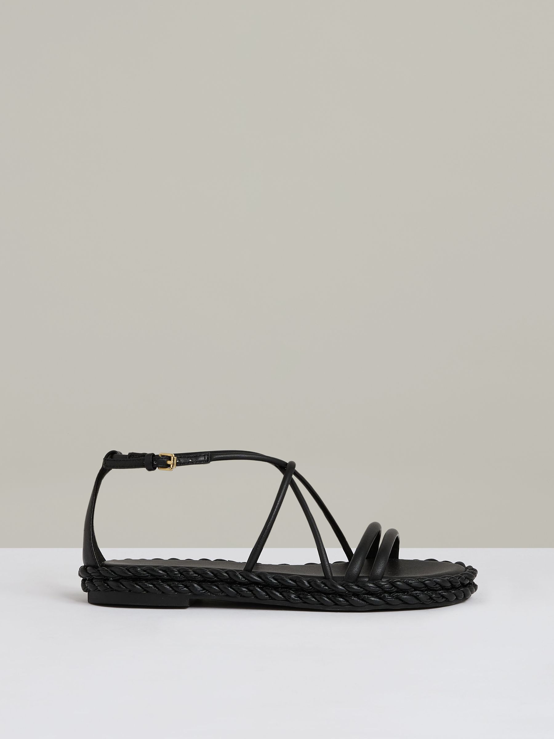 Leather Braided Flat Sandals in Black - Image 1 of 5