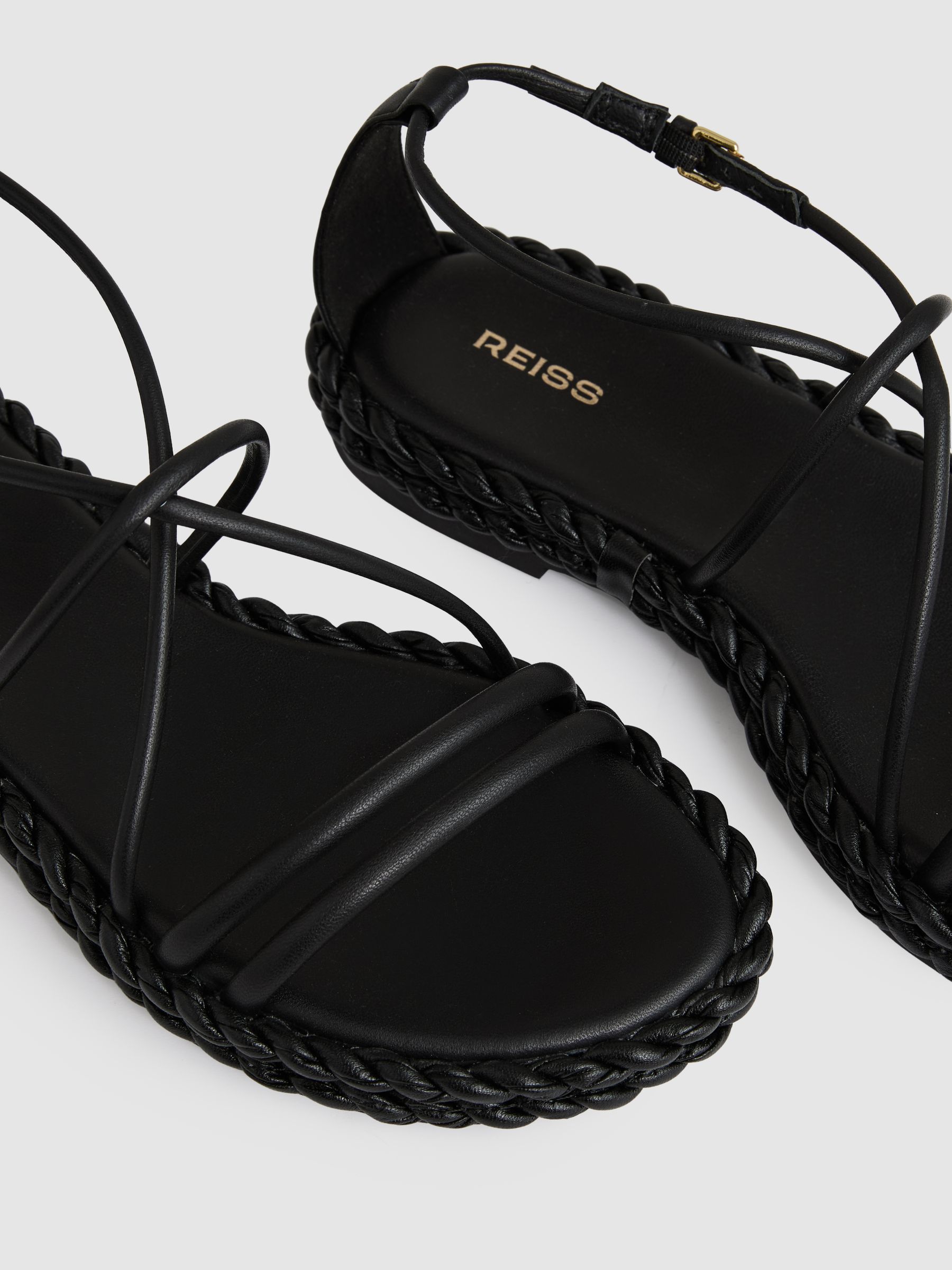 Leather Braided Flat Sandals in Black - image 3