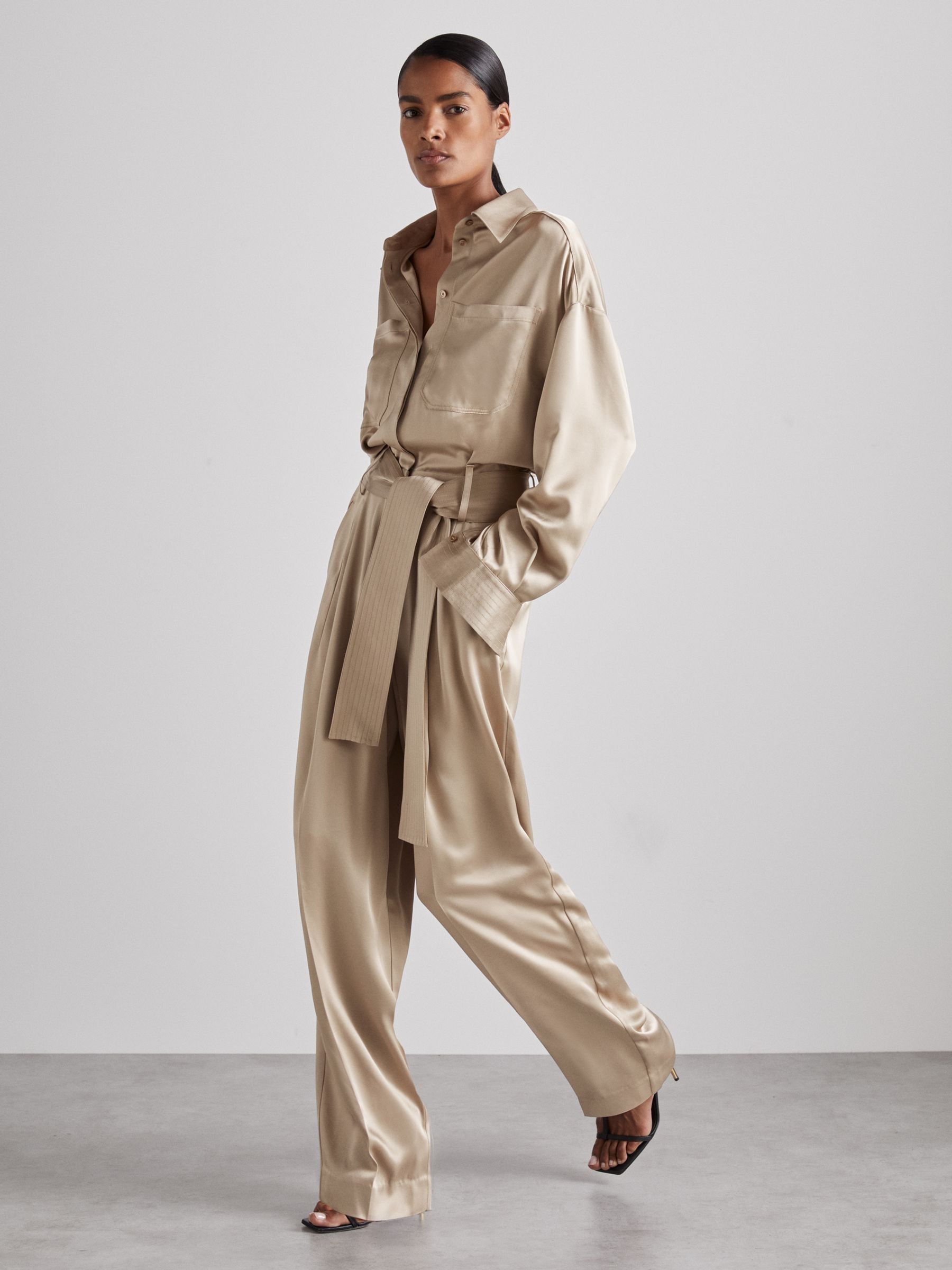 Atelier Belted Satin Jumpsuit in Champagne - Image 1 of 6
