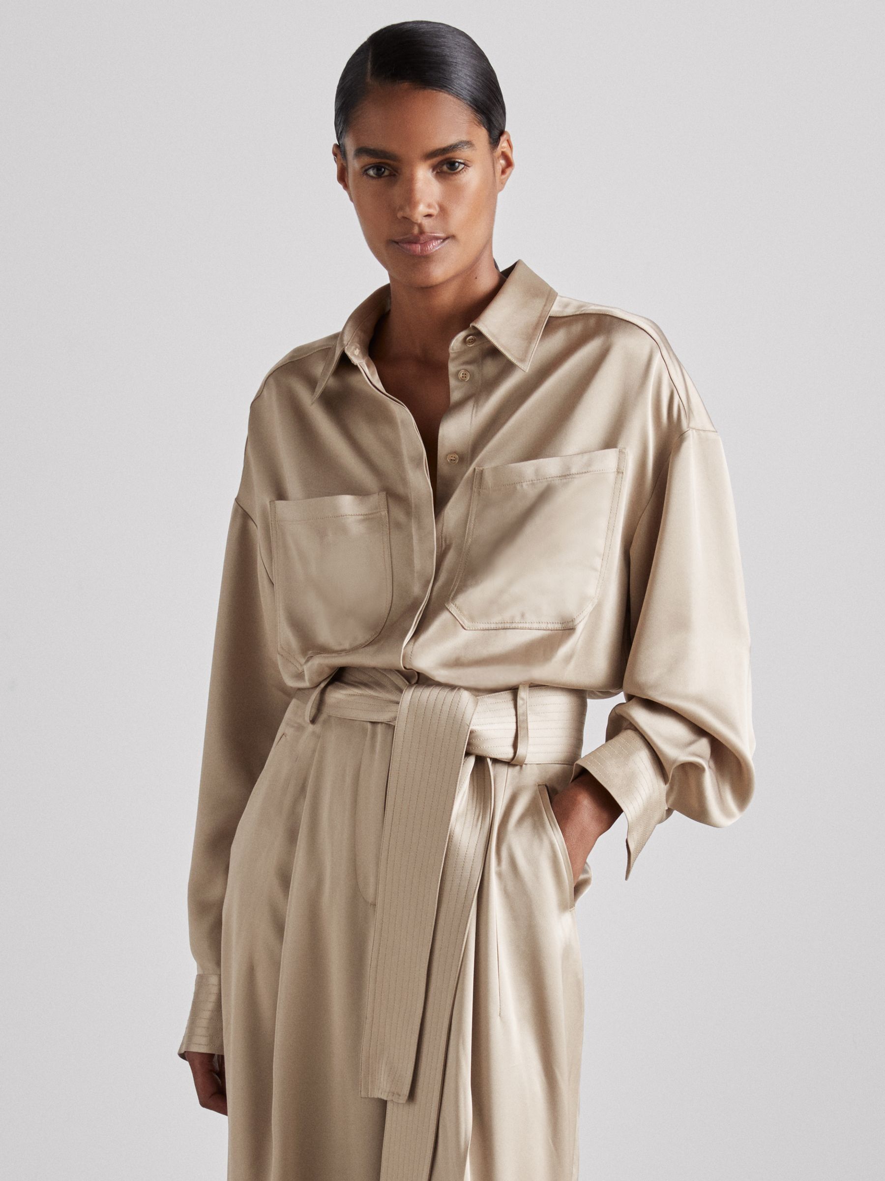 Atelier Belted Satin Jumpsuit in Champagne - Image 4 of 6