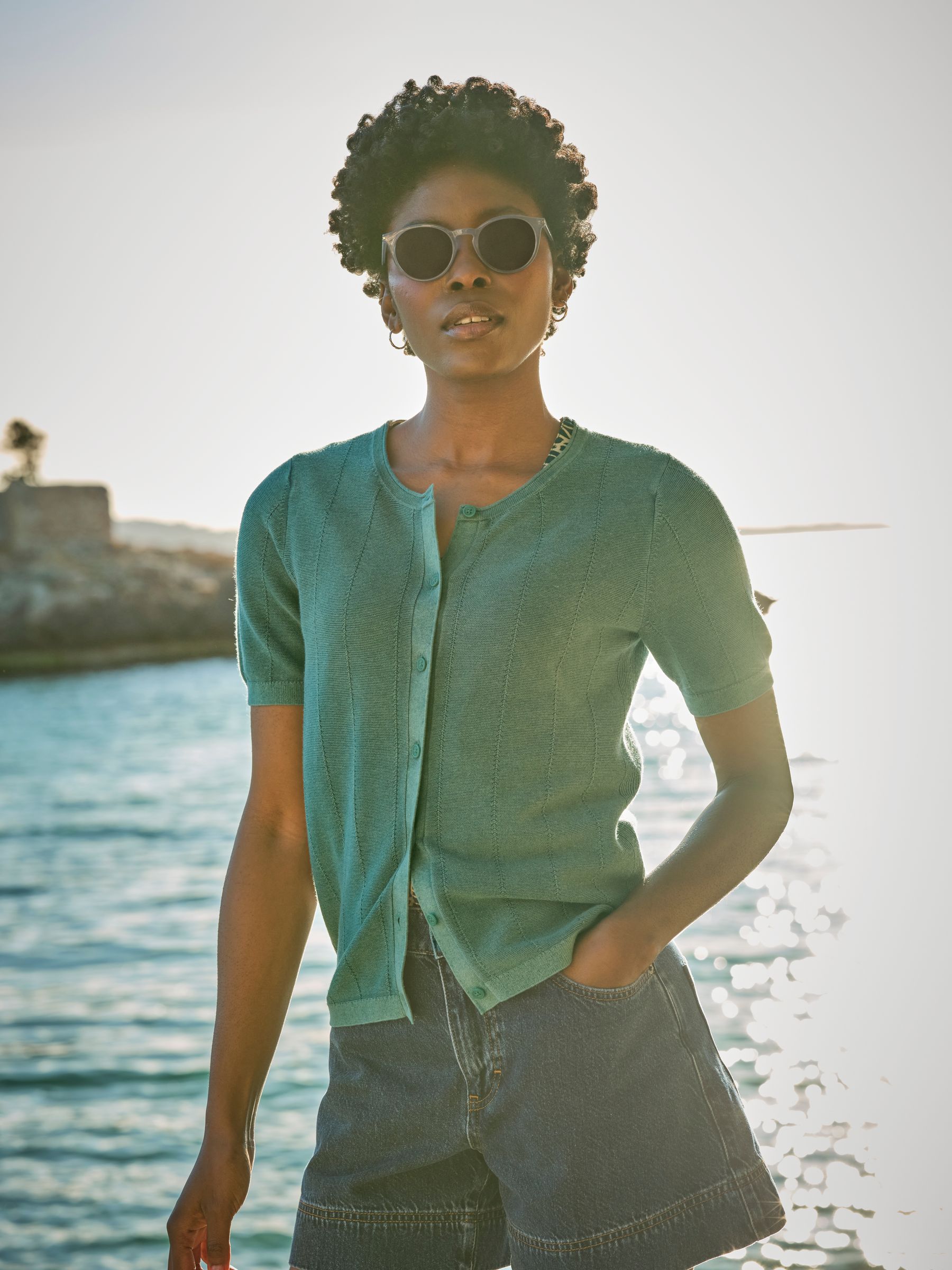 Lili Teal Blue Laundered Short Sleeve Cardigan | FatFace USA