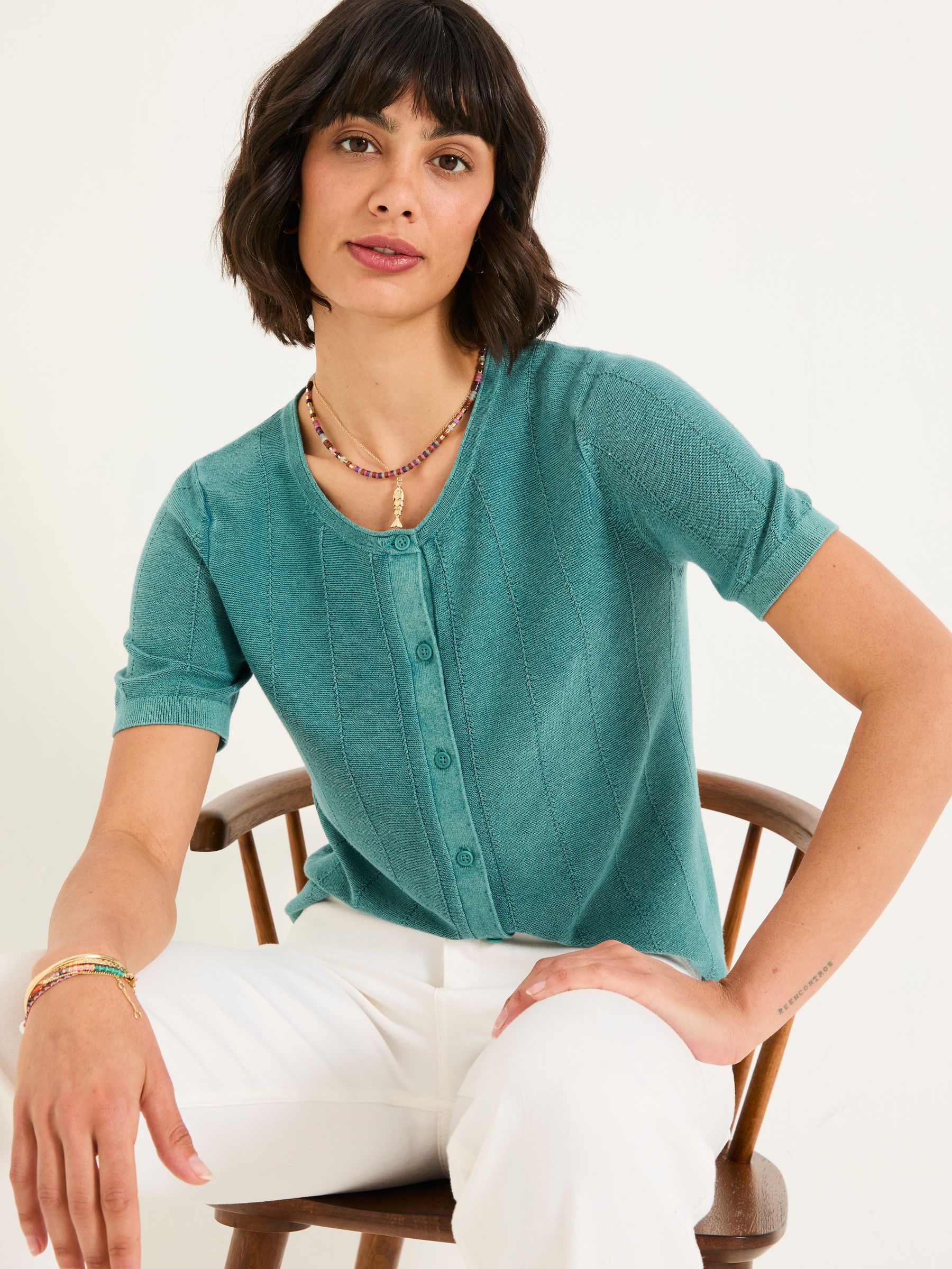 Lili Teal Blue Laundered Short Sleeve Cardigan | FatFace USA