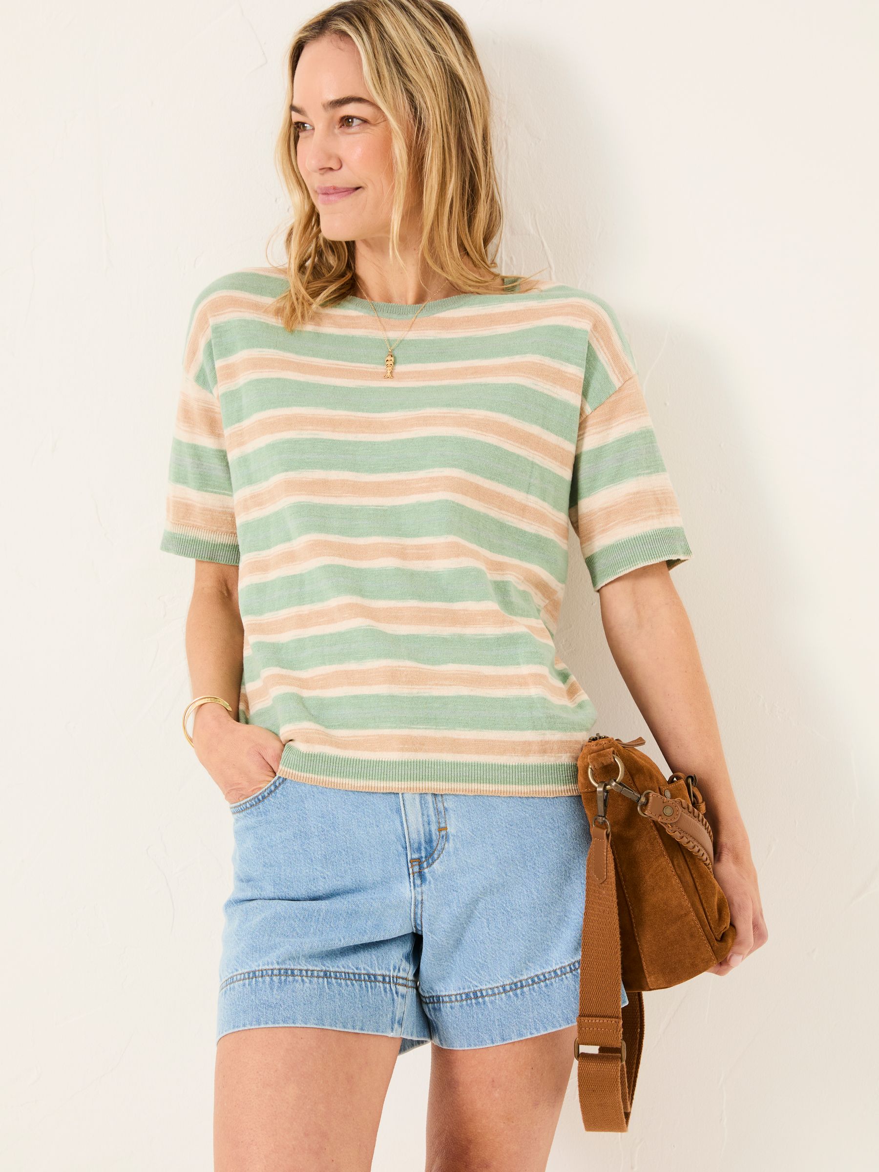 Teal Blue Space Dye Stripe Short Sleeve T Shirt - Image 1 of 9