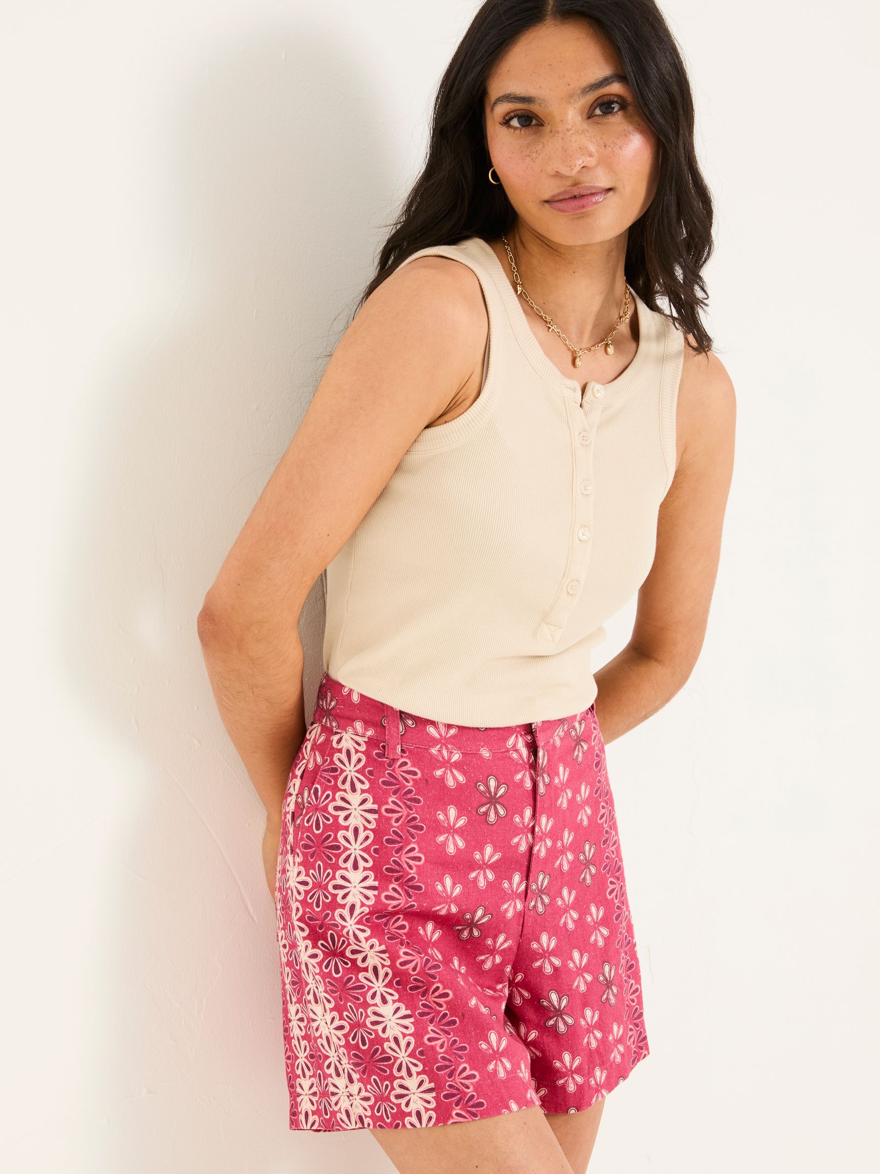 Nell Dark Pink Earth Geo Linen Blend Shorts - Image 1 of 5