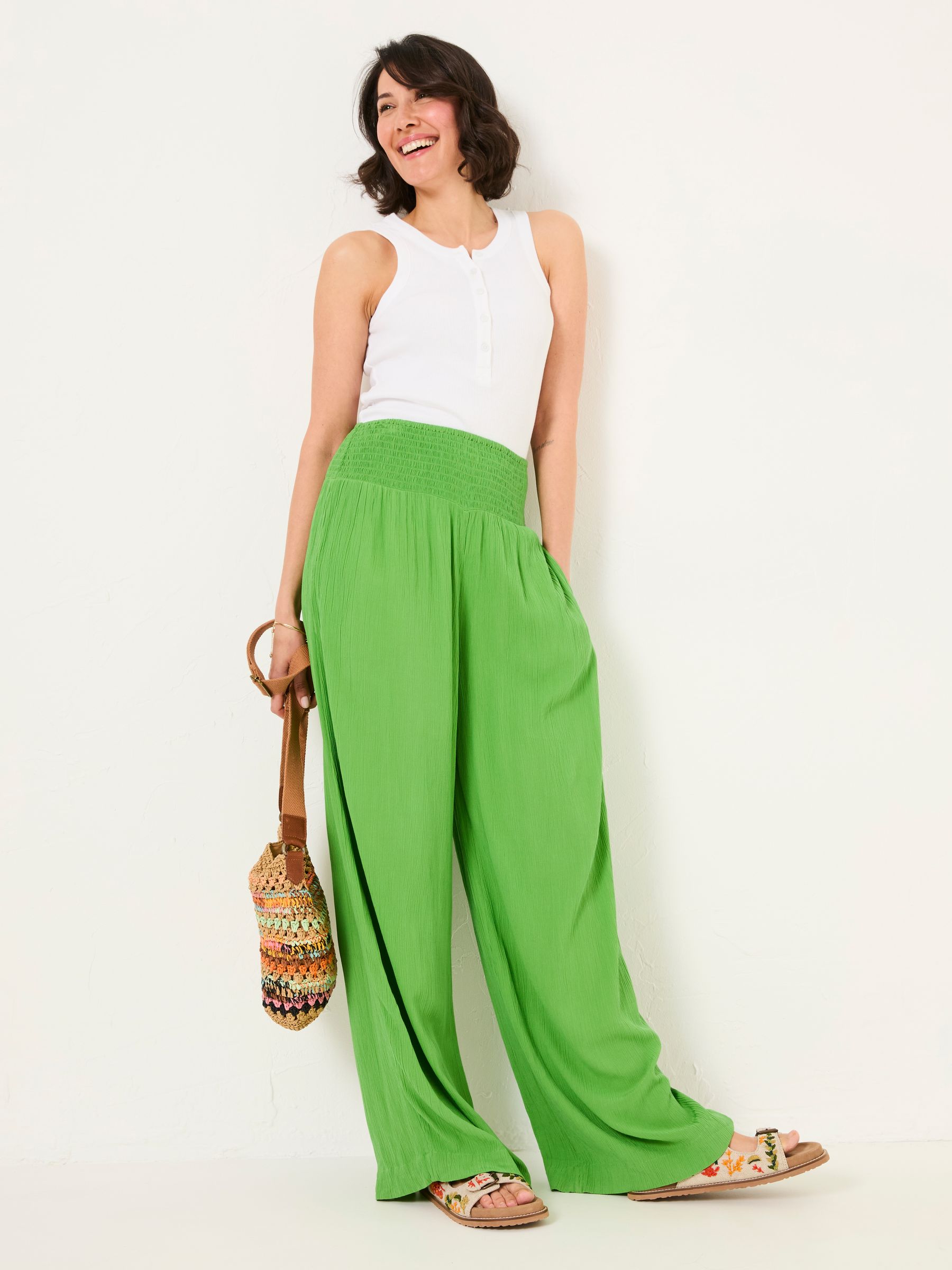 Bright Green Shirred Palazzo Wide Leg Trousers - Image 4 of 7