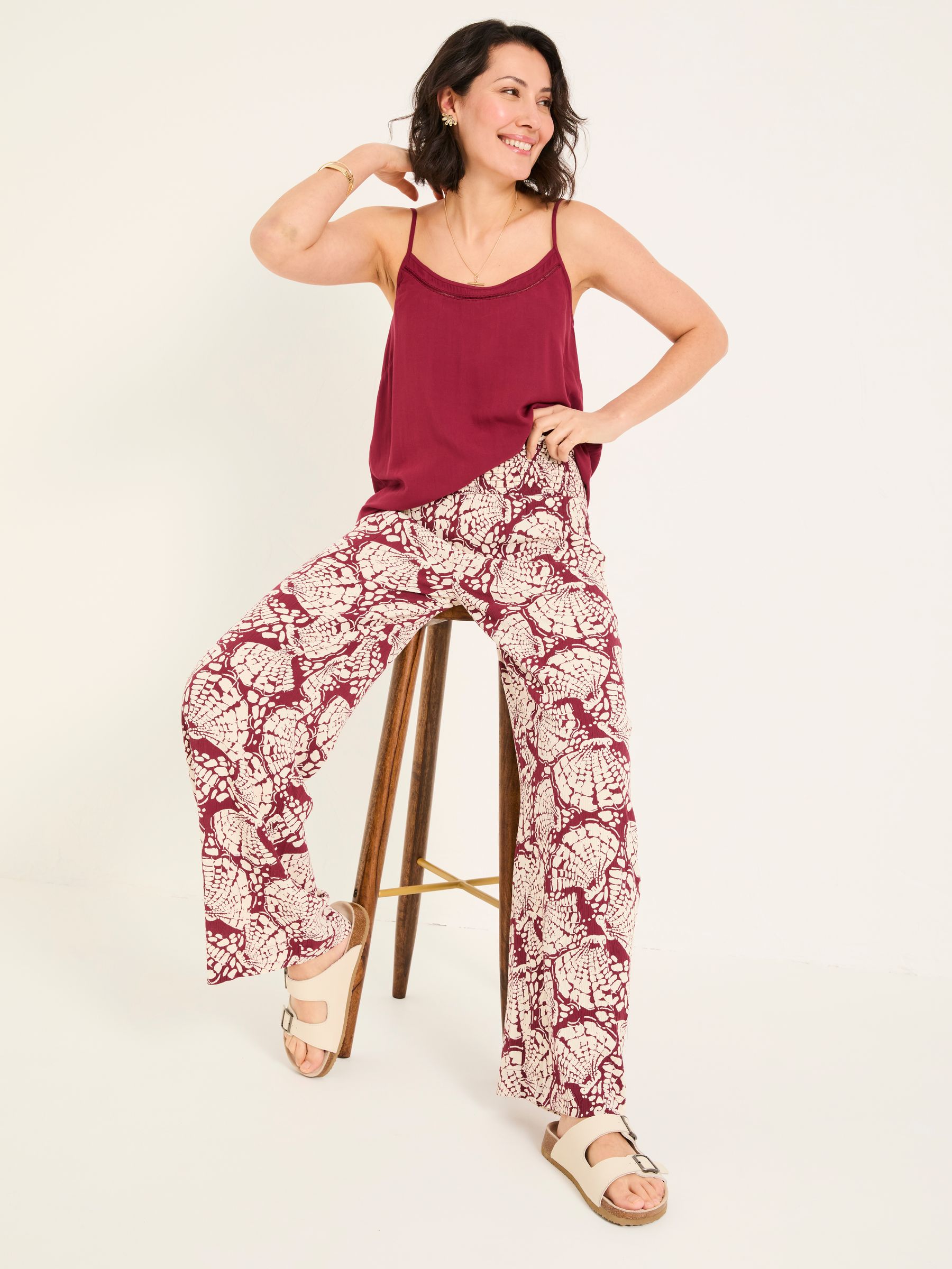 Burgundy Red Shirred Mono Shell Palazzo Trousers - Image 4 of 6