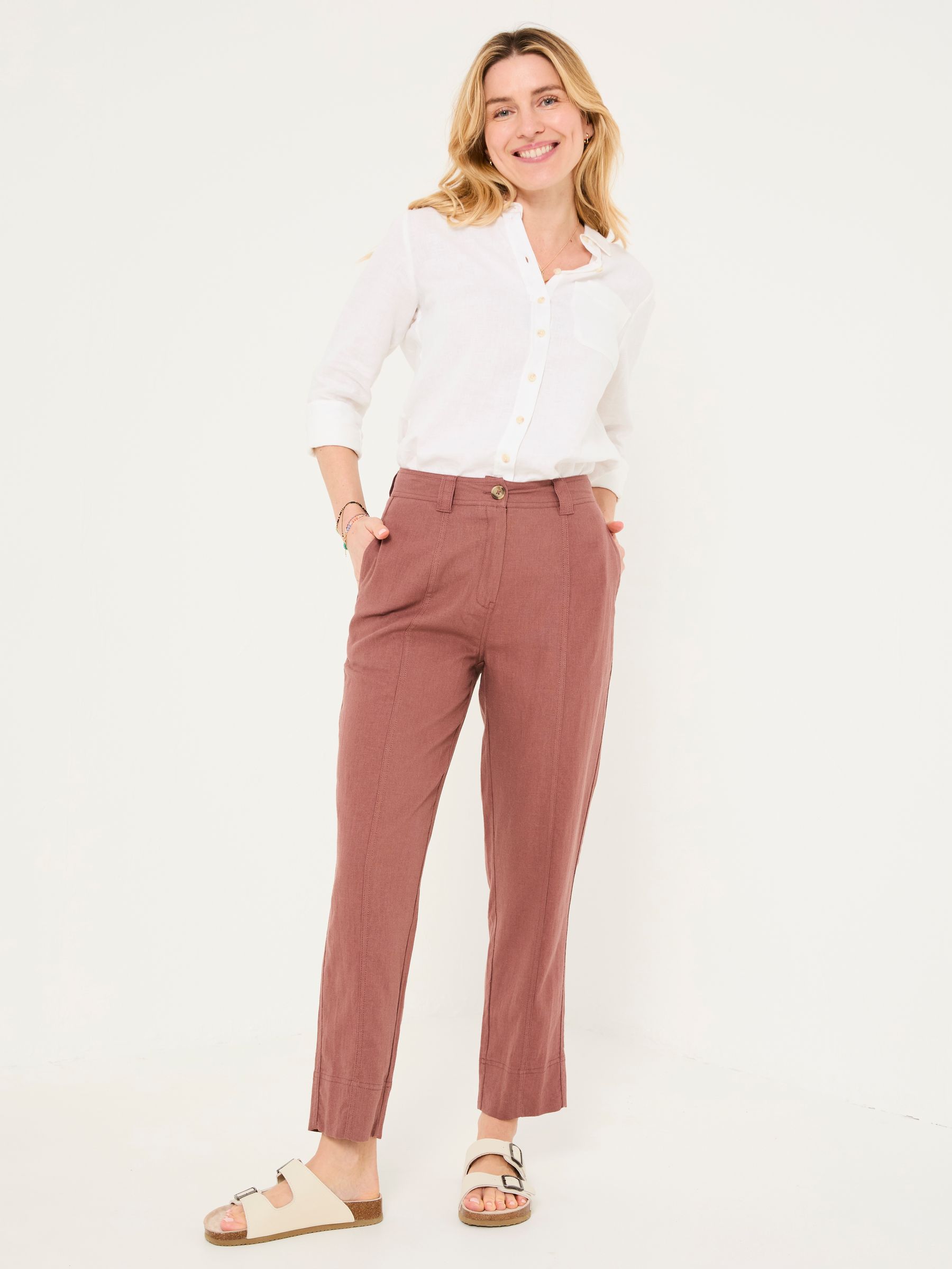 Issy Dark Natural Tapered Linen Blend Trousers - Image 4 of 6