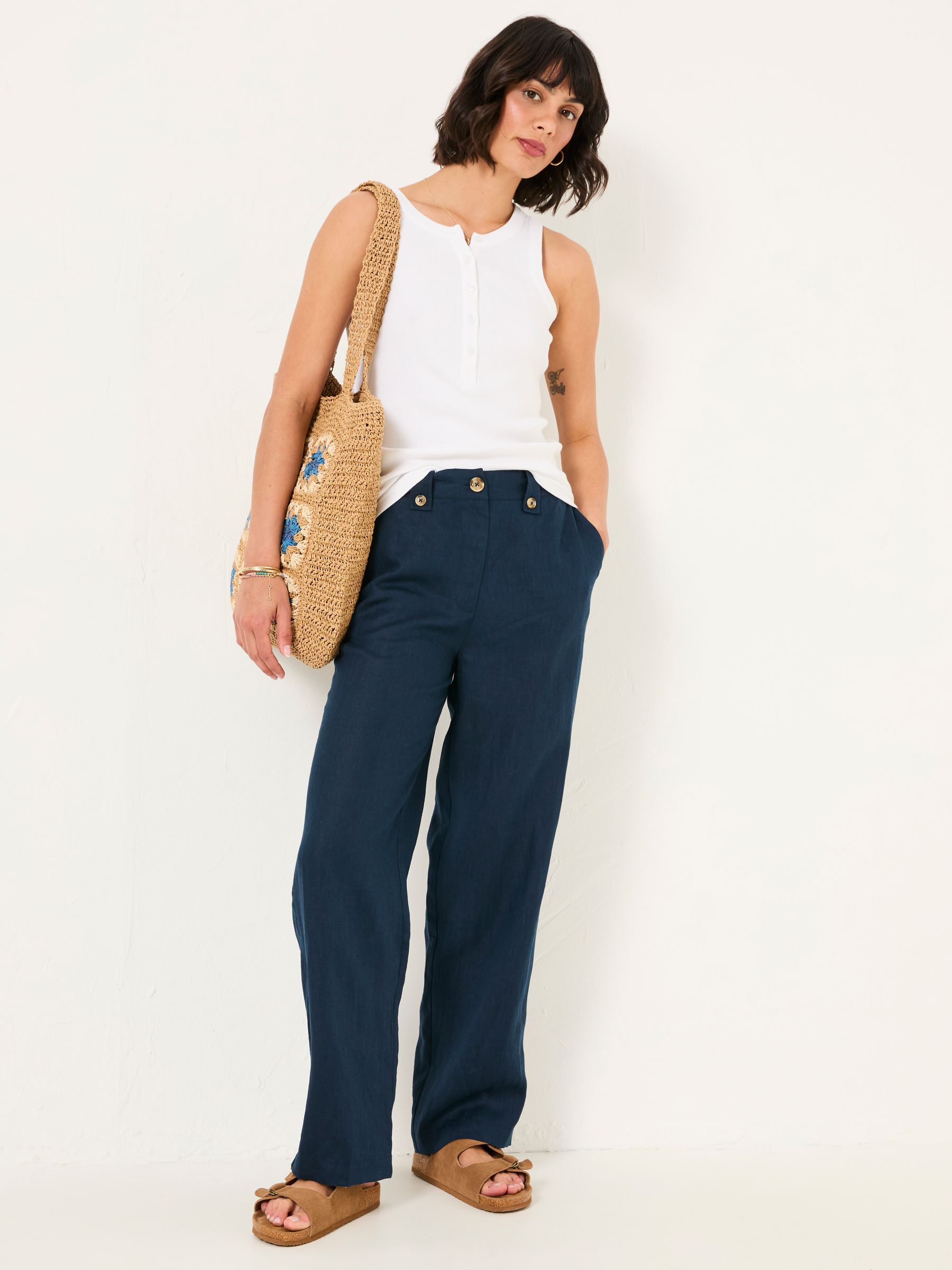 Lydia Navy Straight Leg Linen Trousers - Image 3 of 7