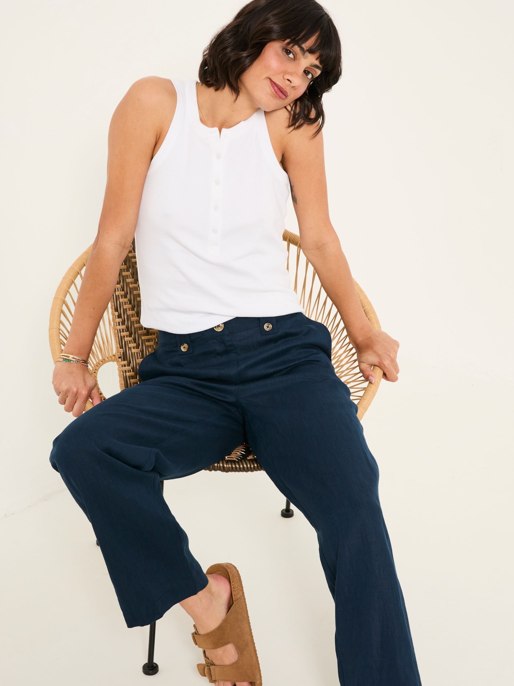 Lydia Navy Straight Leg Linen Trousers - Image 6 of 7