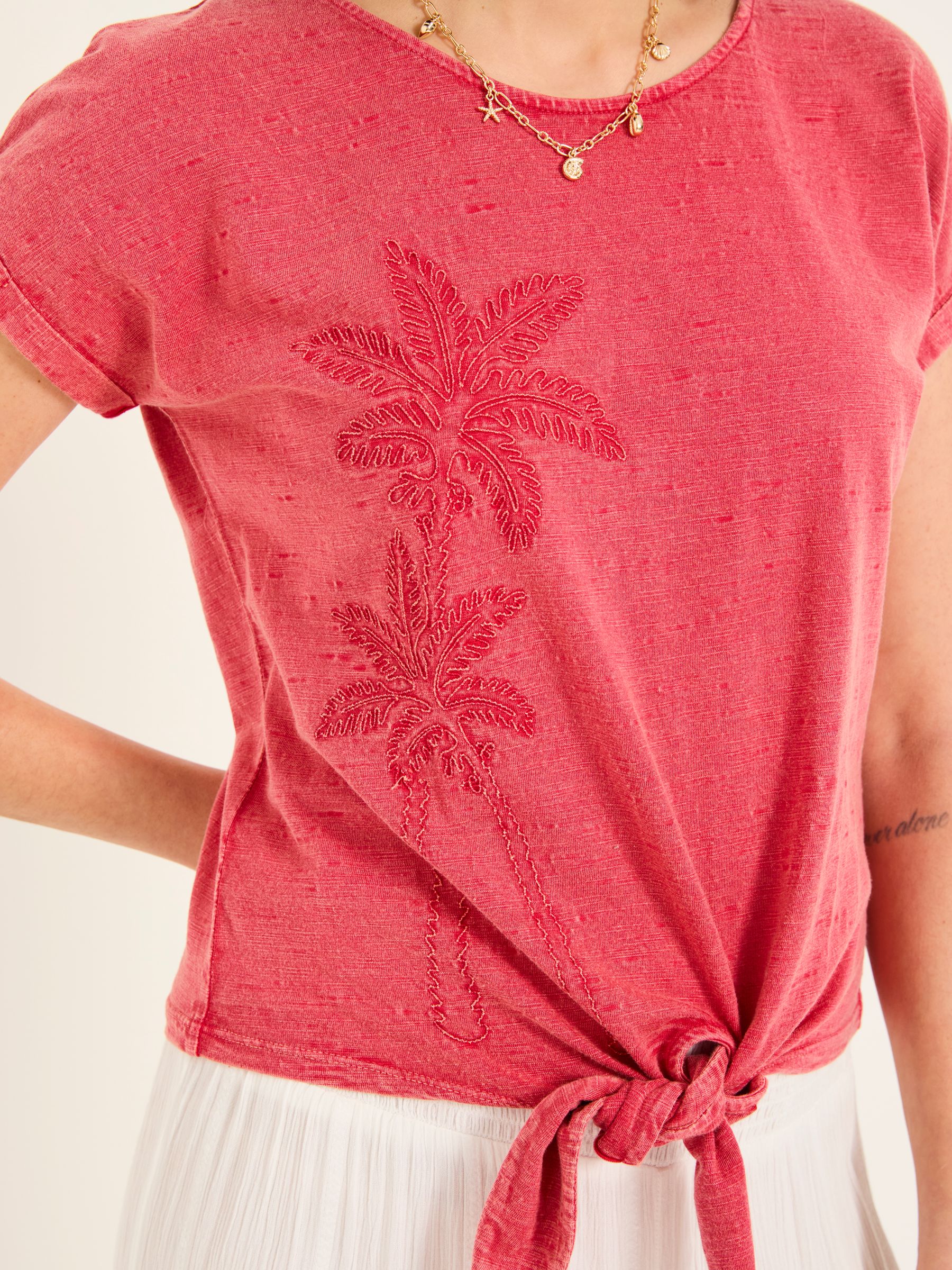 Rust Red Palm Tree Graphic Tie Front T Shirt - Image 5 of 6