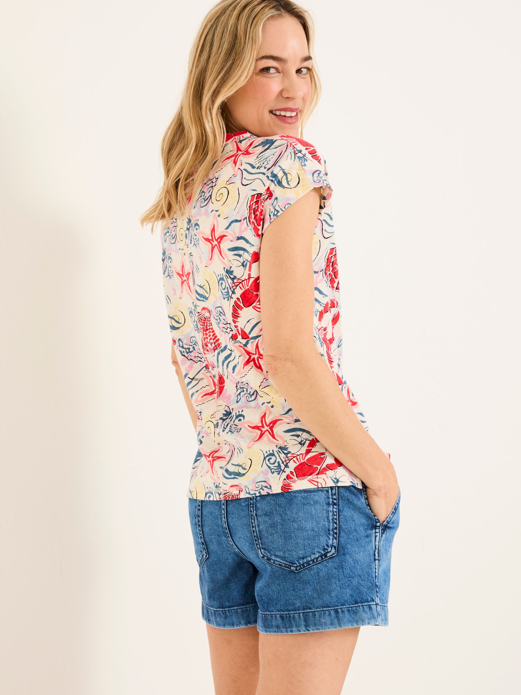 Ivory Sea Scene Linen Blend Notch Neck Top - Image 2 of 5
