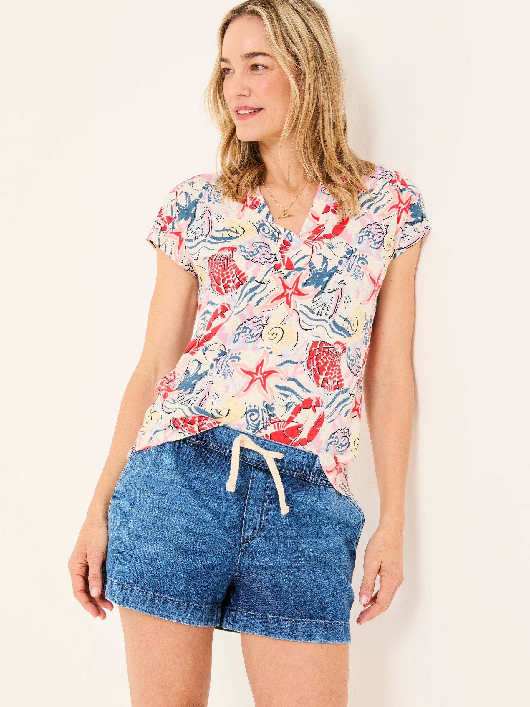Ivory Sea Scene Linen Blend Notch Neck Top - Image 3 of 5
