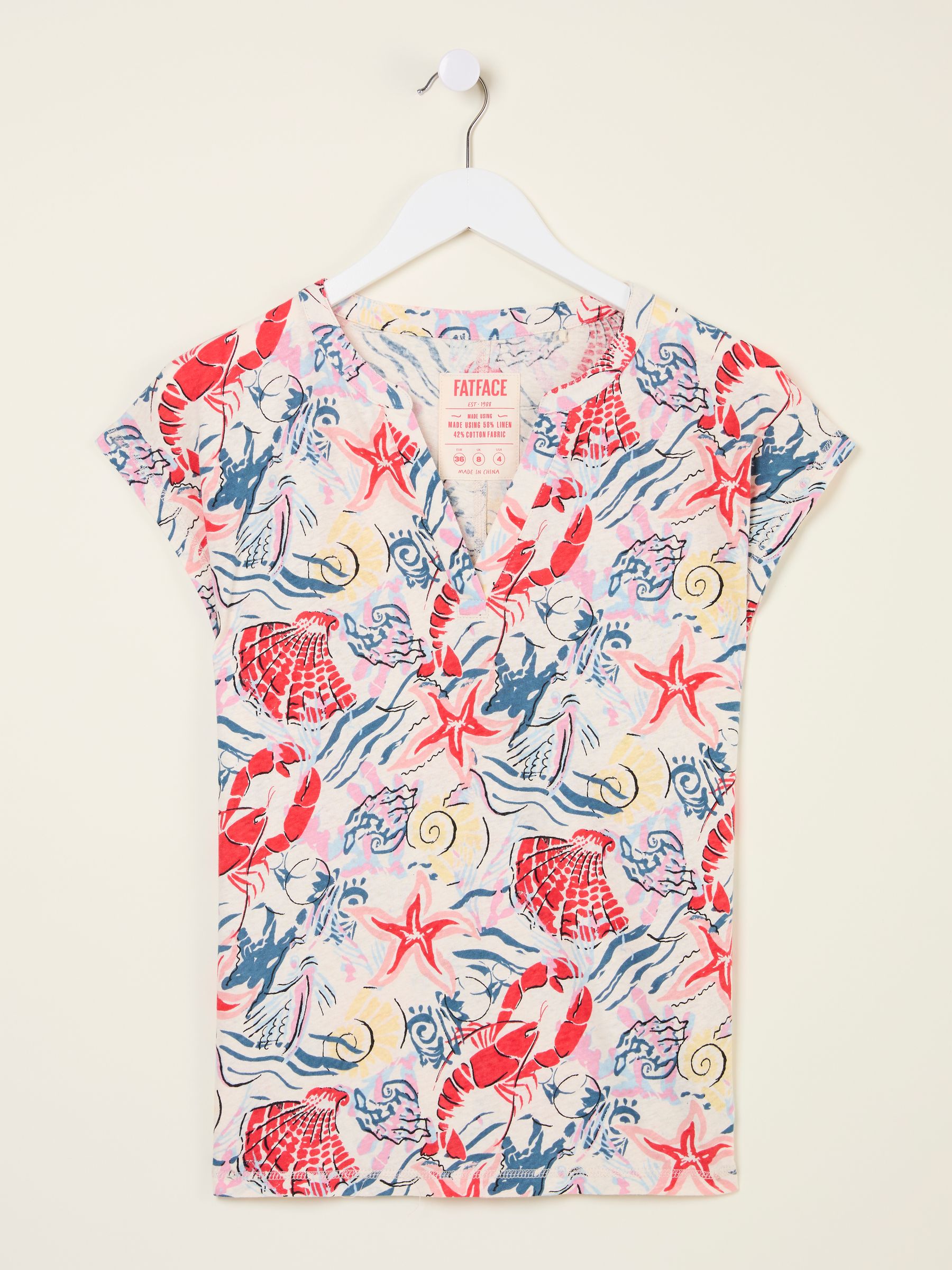 Ivory Sea Scene Linen Blend Notch Neck Top - Image 5 of 5