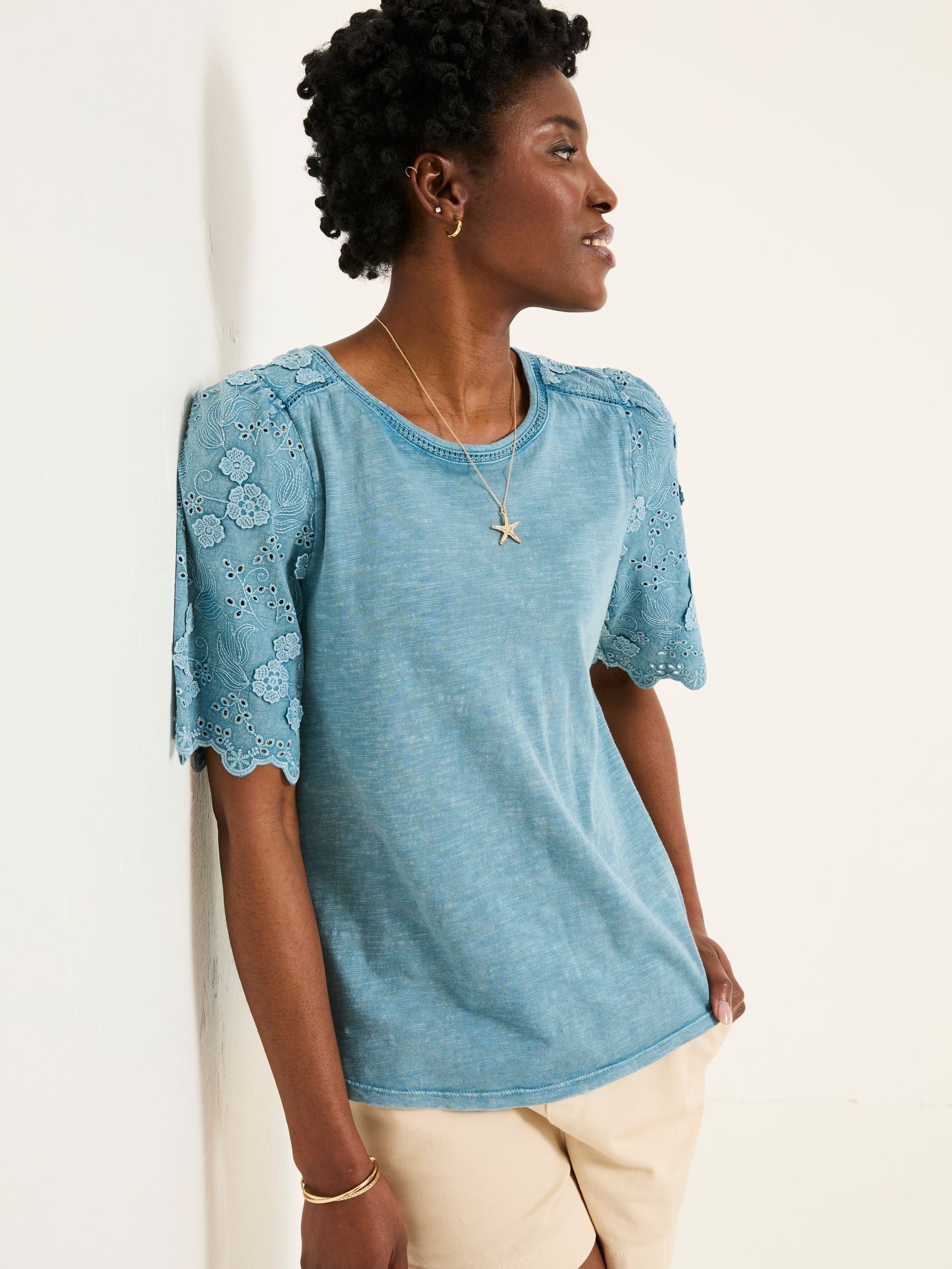 Denim Blue Pretty Broderie Top - Image 1 of 6