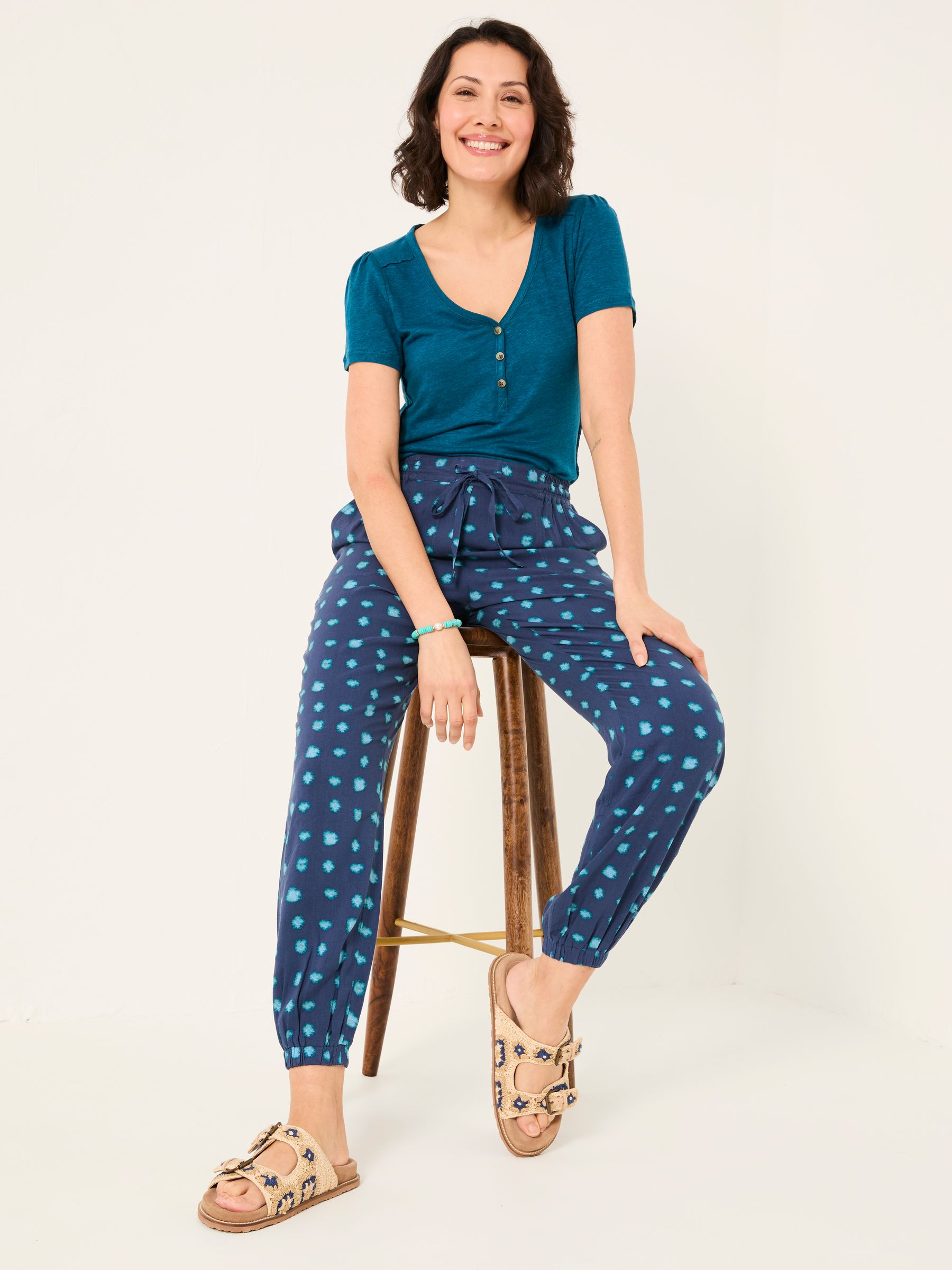 Lena Dark Teal Linen Henley Top - Image 3 of 4