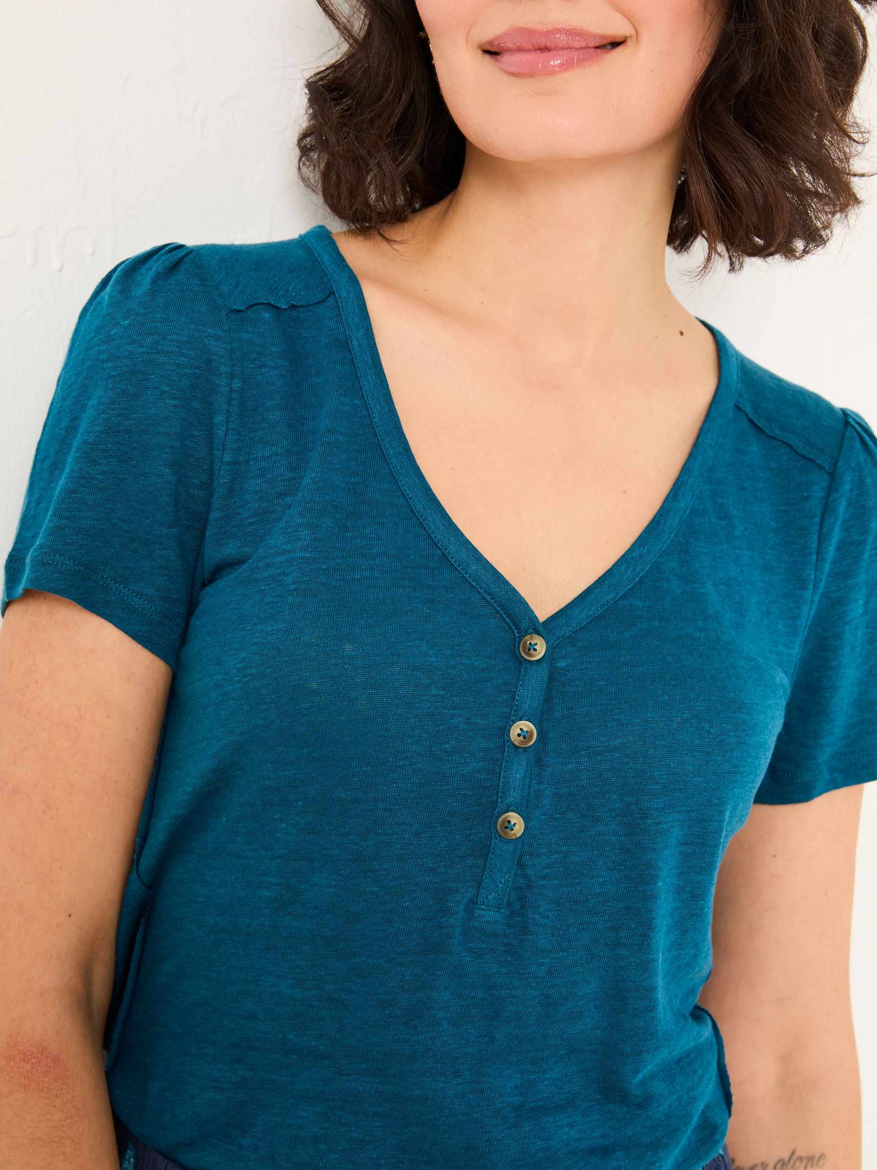 Lena Dark Teal Linen Henley Top - Image 4 of 4