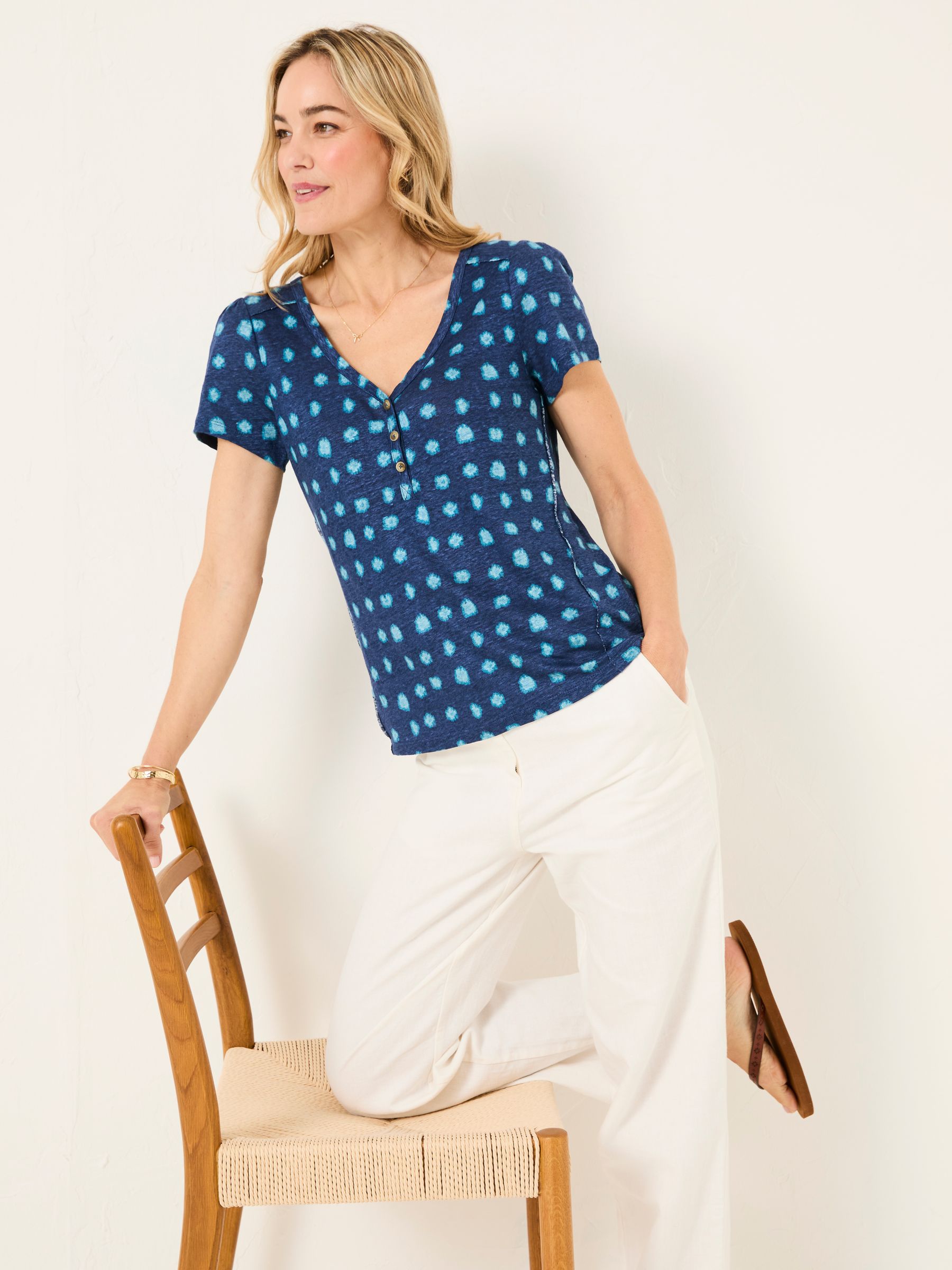 Lena Teal Blue Mini Spot Linen Henley Top - Image 4 of 5