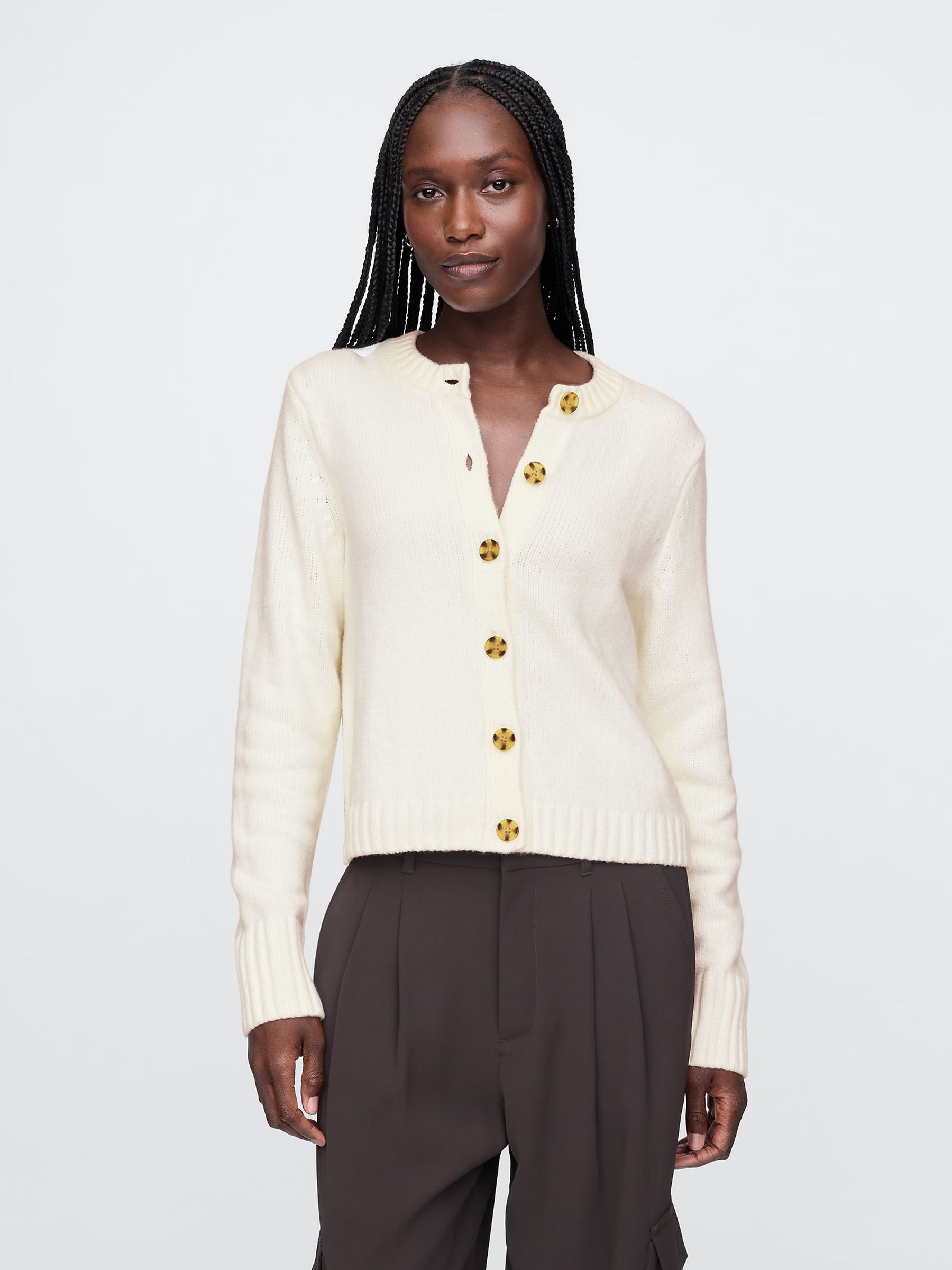 White CashSoft Long Sleeve Crew Neck Cardigan - Image 1 of 5