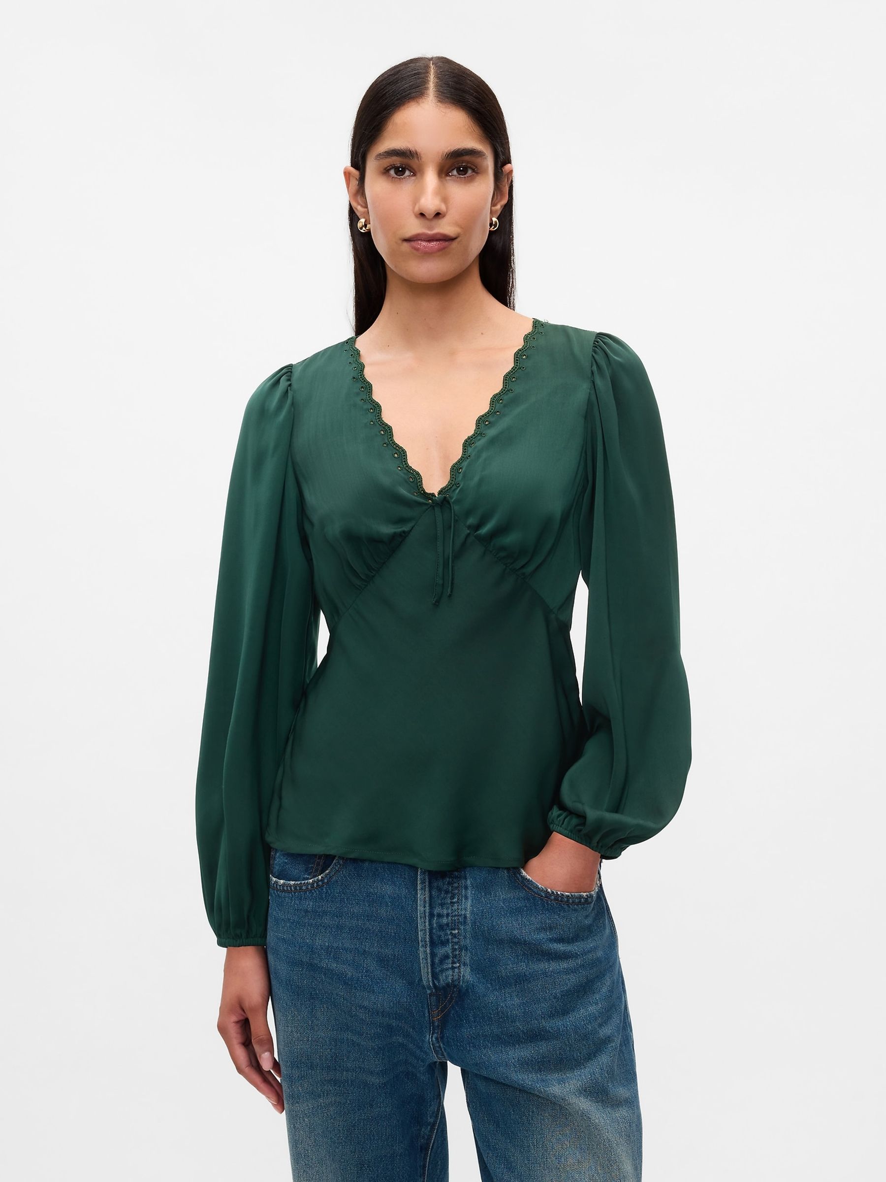 Green Satin Empire Top - Image 1 of 5