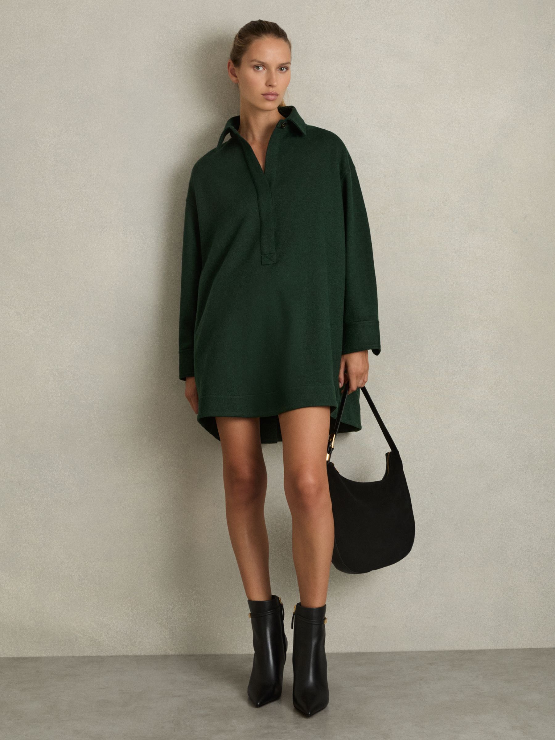 Shirt-Style Shift Dress With Wool in Green - Image 1 of 6