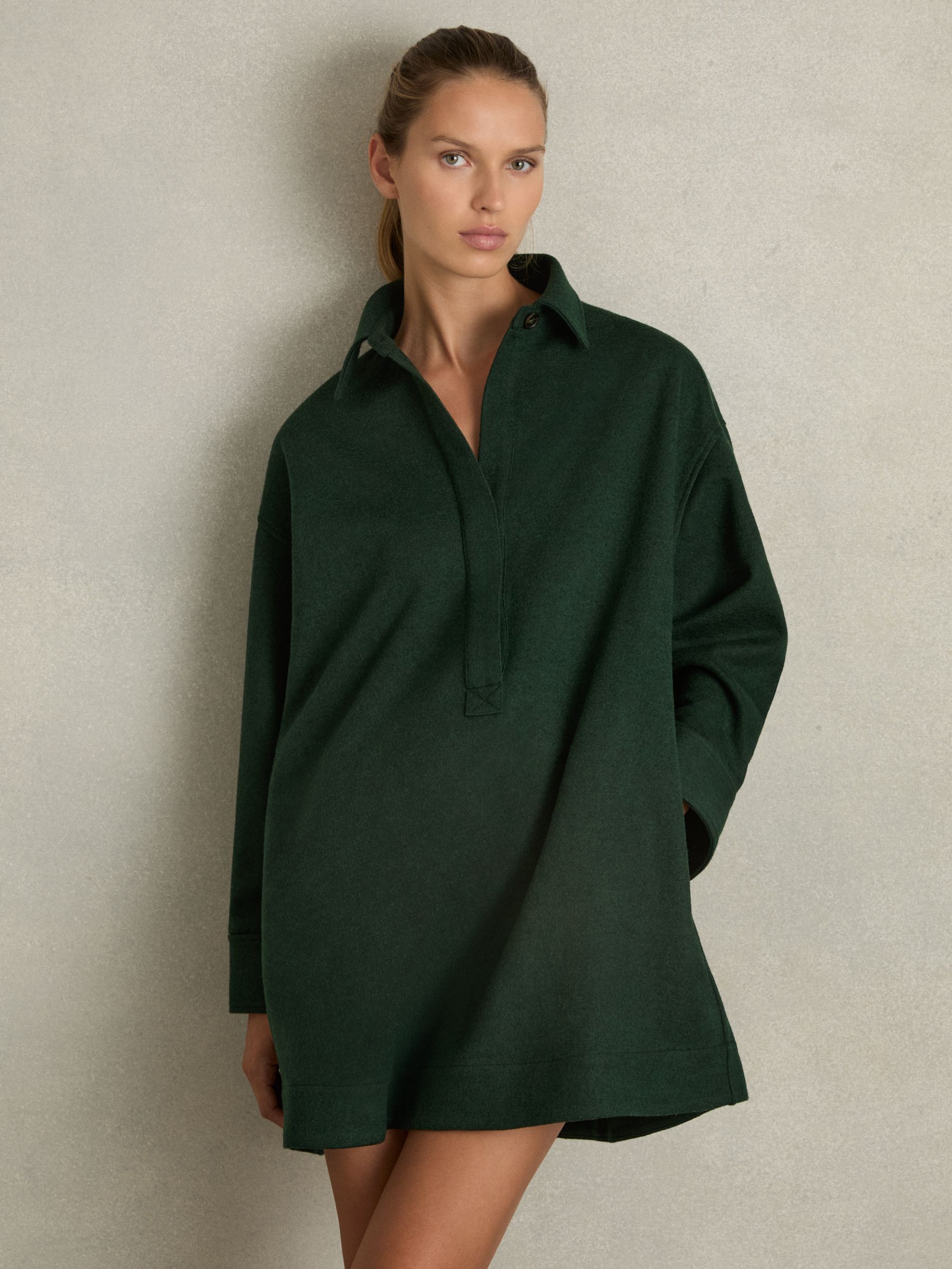 Shirt-Style Shift Dress With Wool in Green - Image 3 of 6