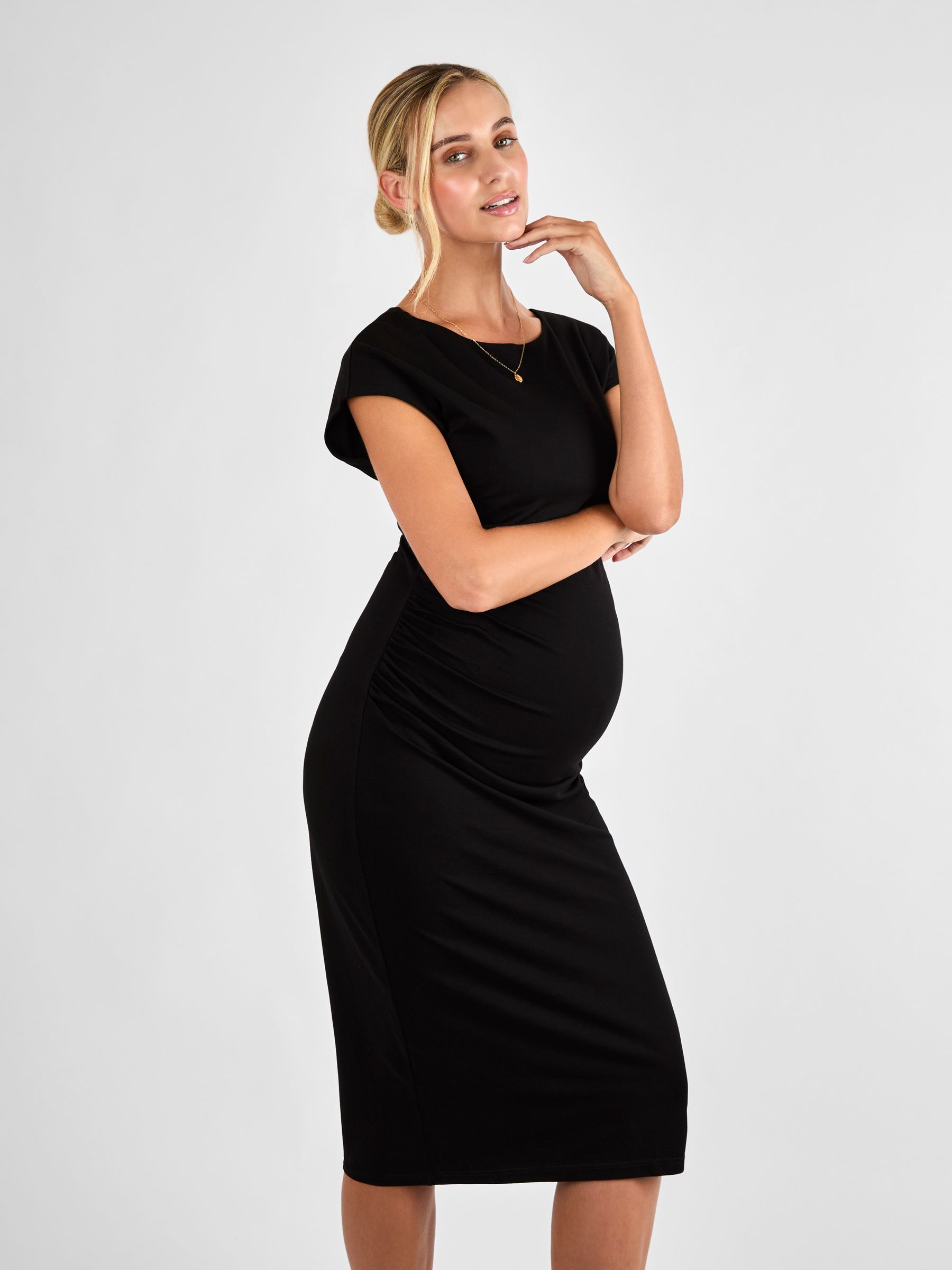Black Premium Jersey Ruched Side Maternity Bodycon Midi Dress | JoJo Maman Bb USA Black Premium Jersey Ruched Side Maternity Bodycon Midi Dress | JoJo Maman Bb USA