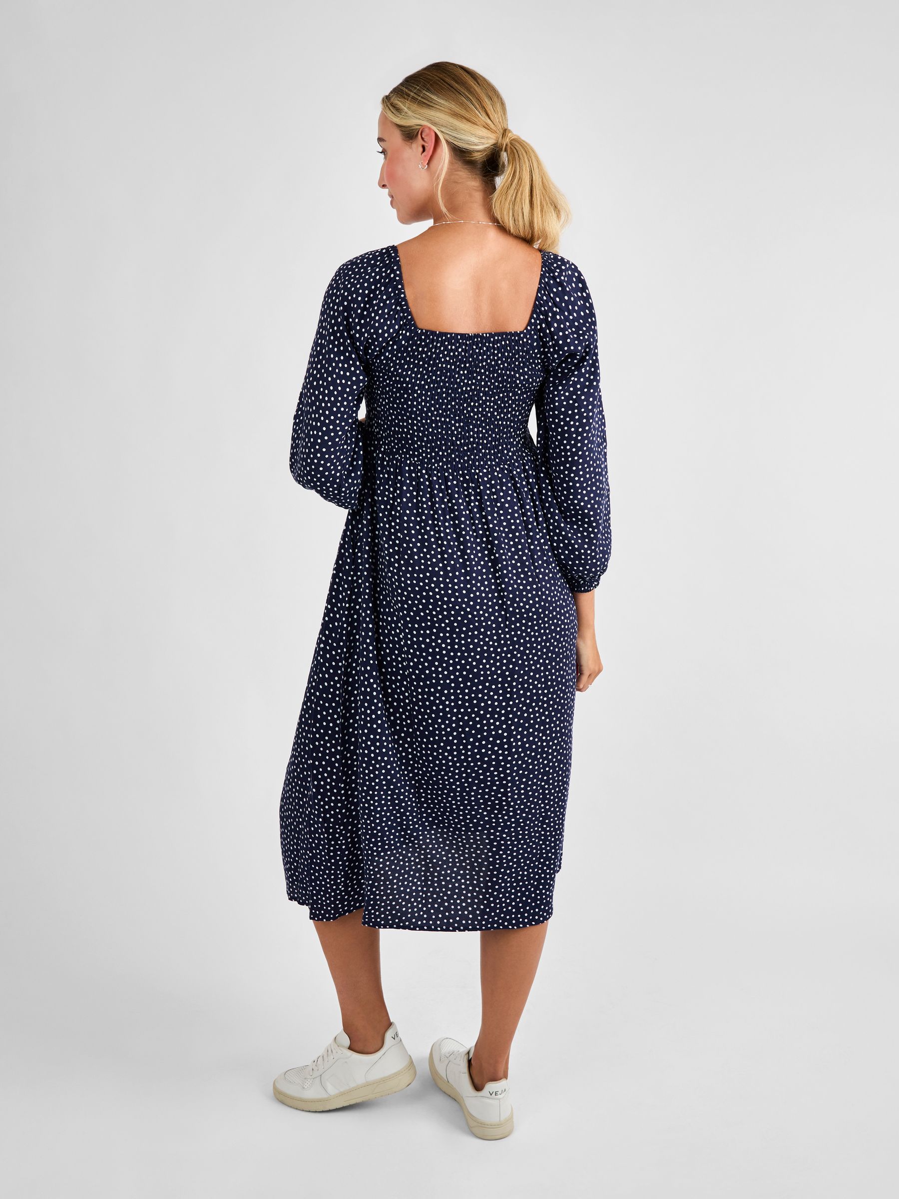 Navy Spot Print Shirred Maternity Midi Dress - Image 2 of 4