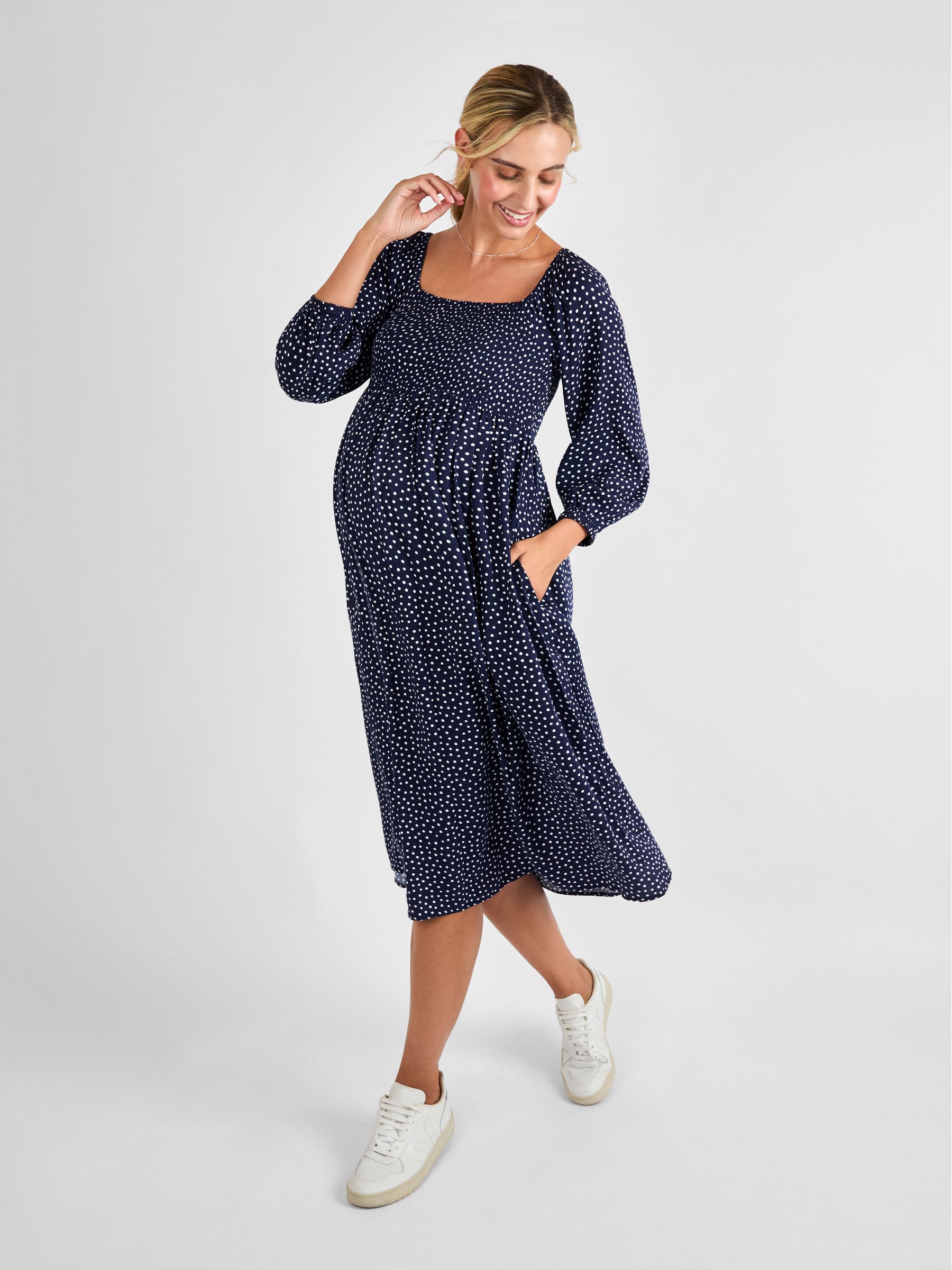 Navy Spot Print Shirred Maternity Midi Dress - Image 3 of 4