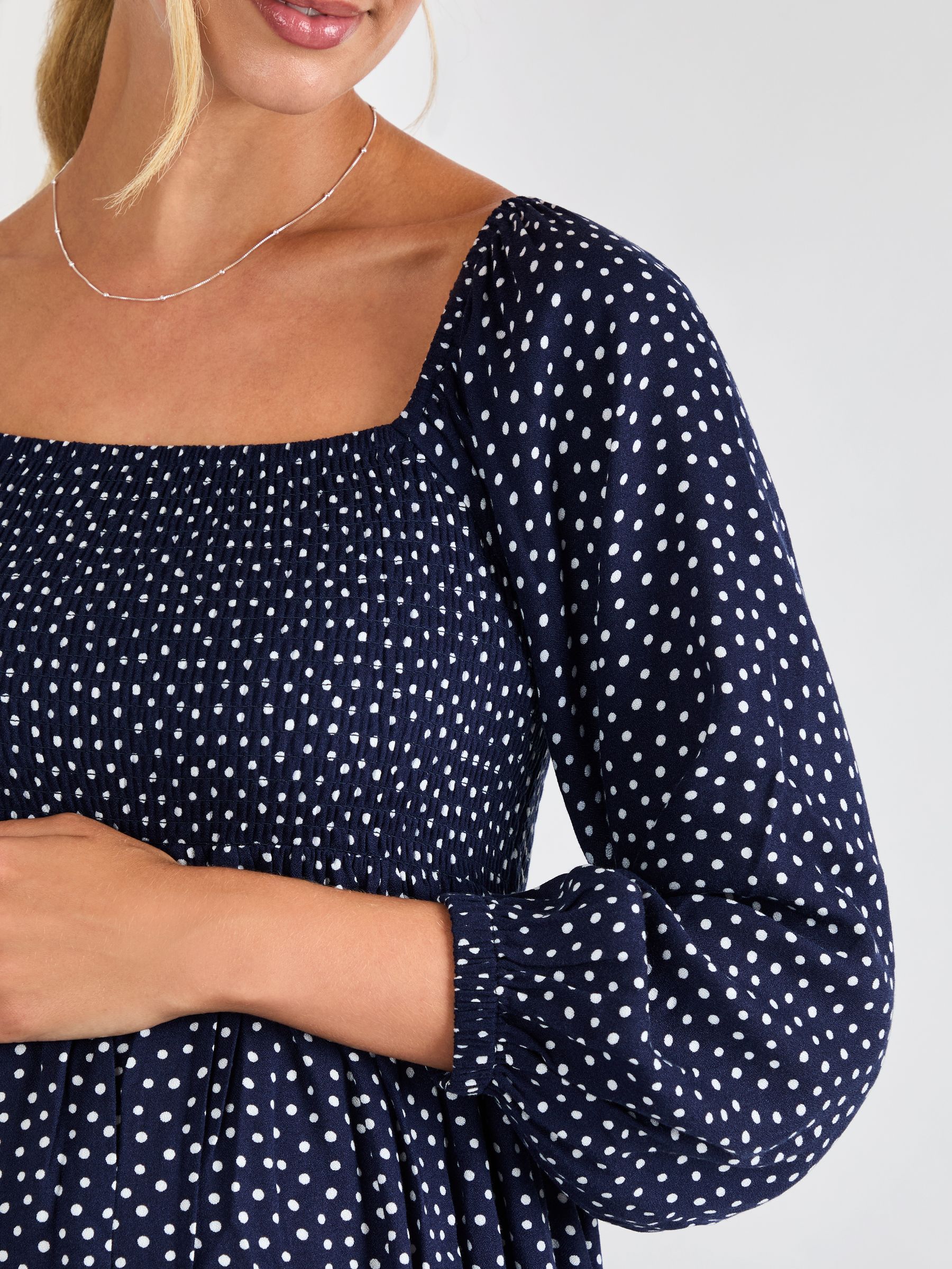 Navy Spot Print Shirred Maternity Midi Dress - Image 4 of 4