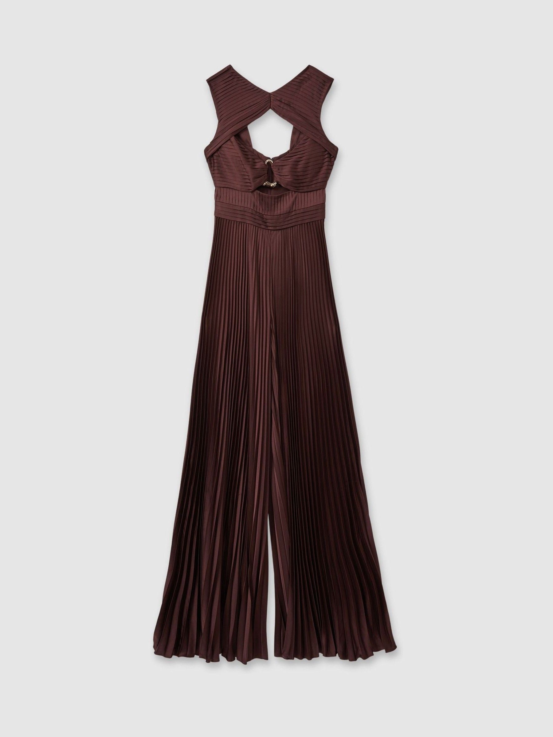 Amur Cut-Out Pleated Wide Leg Jumpsuit in Chocolate Brown - Image 2 of 5